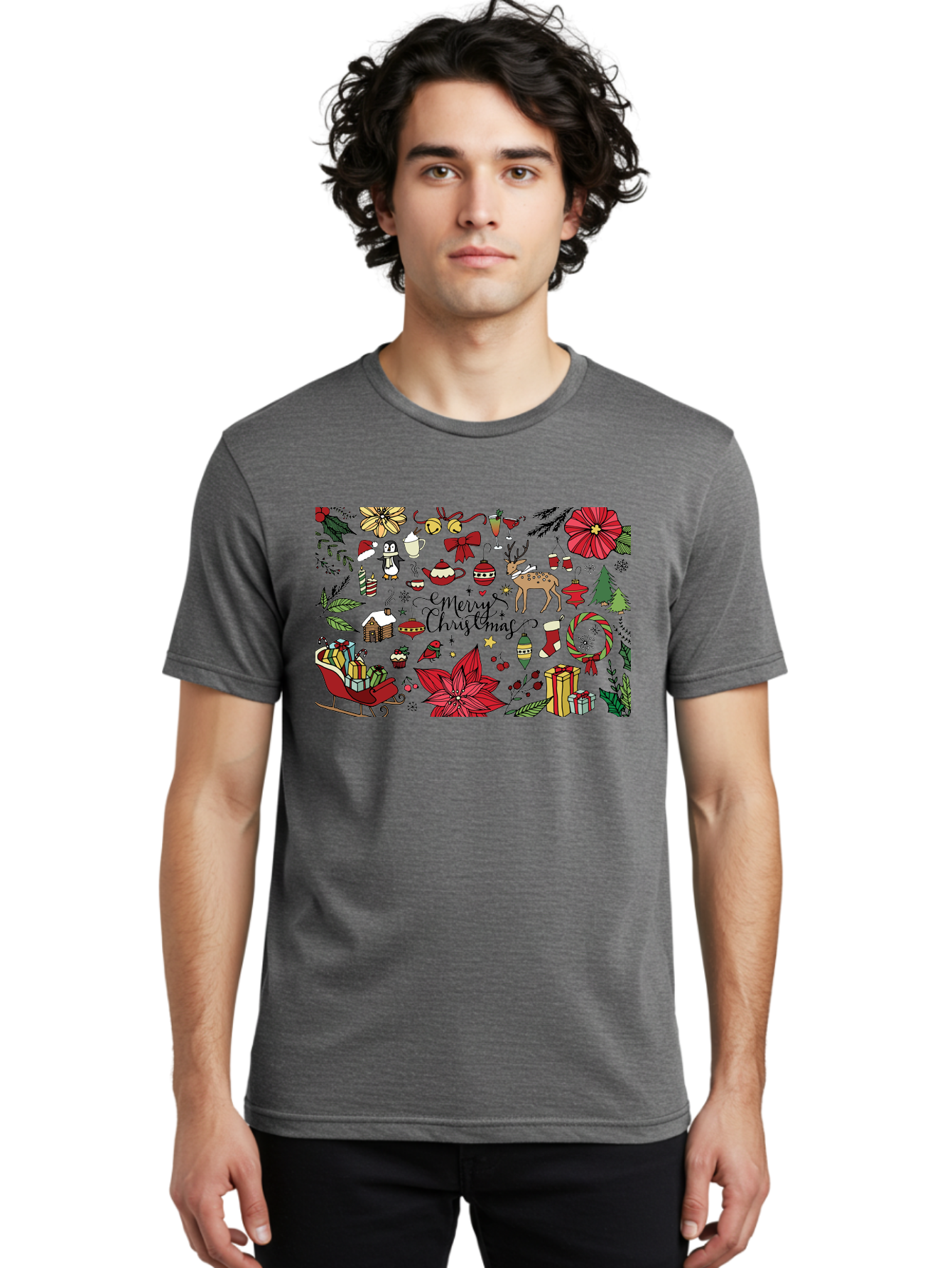 Merry-Christmas Men'S Graphic Tee, 100% Cotton, Comfortable Casual Summer Wear, Machine Washable, Merry Christmas, Holiday Elements, Festive Decorations, Red And Black Illustrations, Christmas Gifts, Sleigh, Reindeer, Poinsettia, -  Aaa990 6