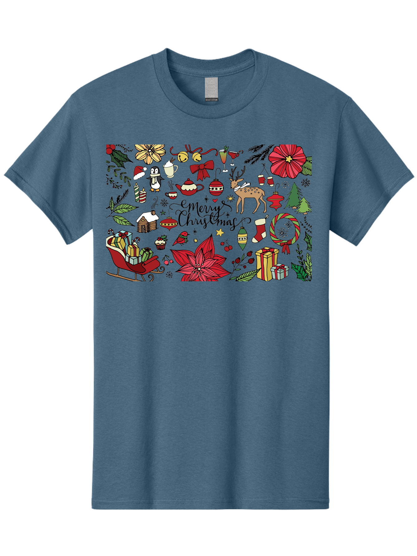 Merry-Christmas Men'S Graphic Tee, 100% Cotton, Comfortable Casual Summer Wear, Machine Washable, Merry Christmas, Holiday Elements, Festive Decorations, Red And Black Illustrations, Christmas Gifts, Sleigh, Reindeer, Poinsettia, -  Aaa990 23