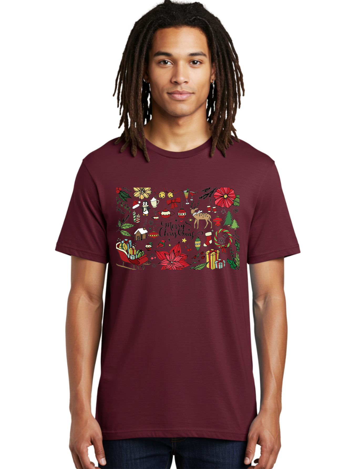 Merry-Christmas Men'S Graphic Tee, 100% Cotton, Comfortable Casual Summer Wear, Machine Washable, Merry Christmas, Holiday Elements, Festive Decorations, Red And Black Illustrations, Christmas Gifts, Sleigh, Reindeer, Poinsettia, -  Aaa990 8
