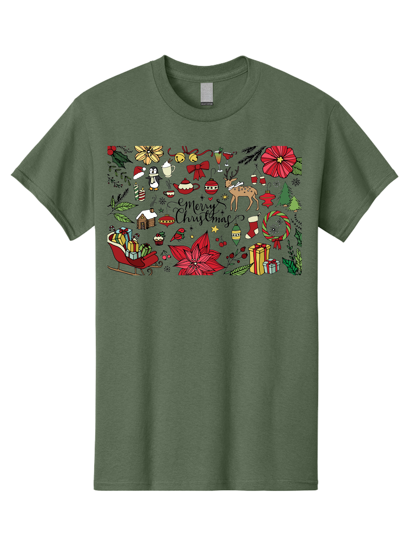 Merry-Christmas Men'S Graphic Tee, 100% Cotton, Comfortable Casual Summer Wear, Machine Washable, Merry Christmas, Holiday Elements, Festive Decorations, Red And Black Illustrations, Christmas Gifts, Sleigh, Reindeer, Poinsettia, -  Aaa990 3