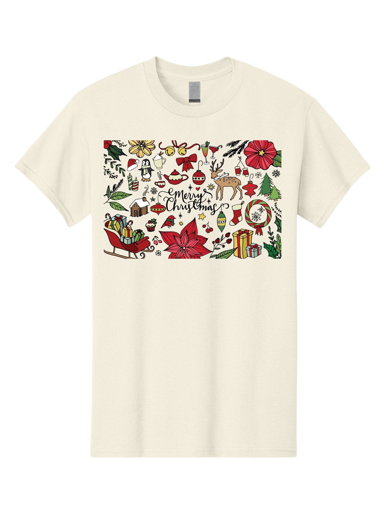 Merry-Christmas Men'S Graphic Tee, 100% Cotton, Comfortable Casual Summer Wear, Machine Washable, Merry Christmas, Holiday Elements, Festive Decorations, Red And Black Illustrations, Christmas Gifts, Sleigh, Reindeer, Poinsettia, -  Aaa990 15