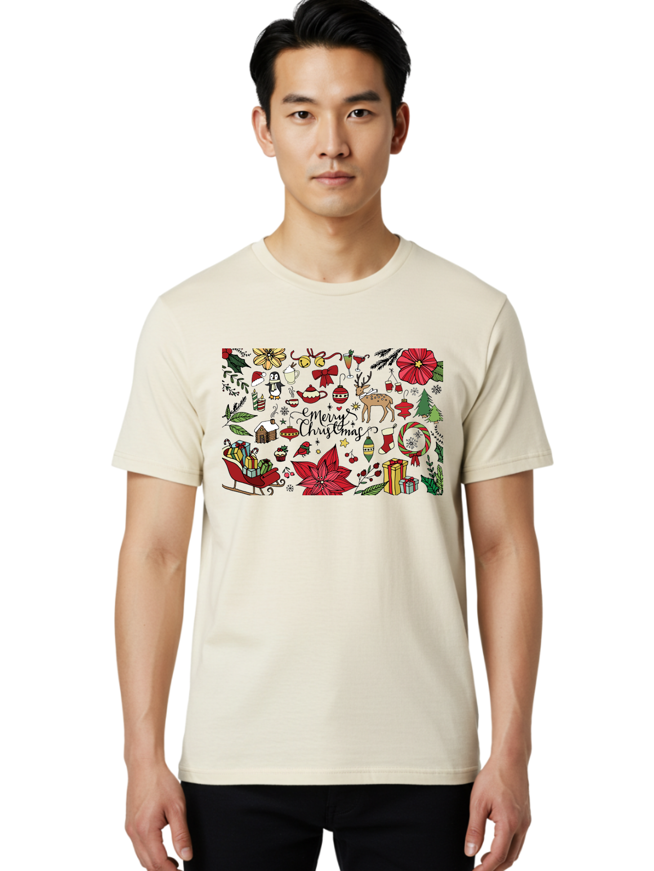 Merry-Christmas Men'S Graphic Tee, 100% Cotton, Comfortable Casual Summer Wear, Machine Washable, Merry Christmas, Holiday Elements, Festive Decorations, Red And Black Illustrations, Christmas Gifts, Sleigh, Reindeer, Poinsettia, -  Aaa990 20