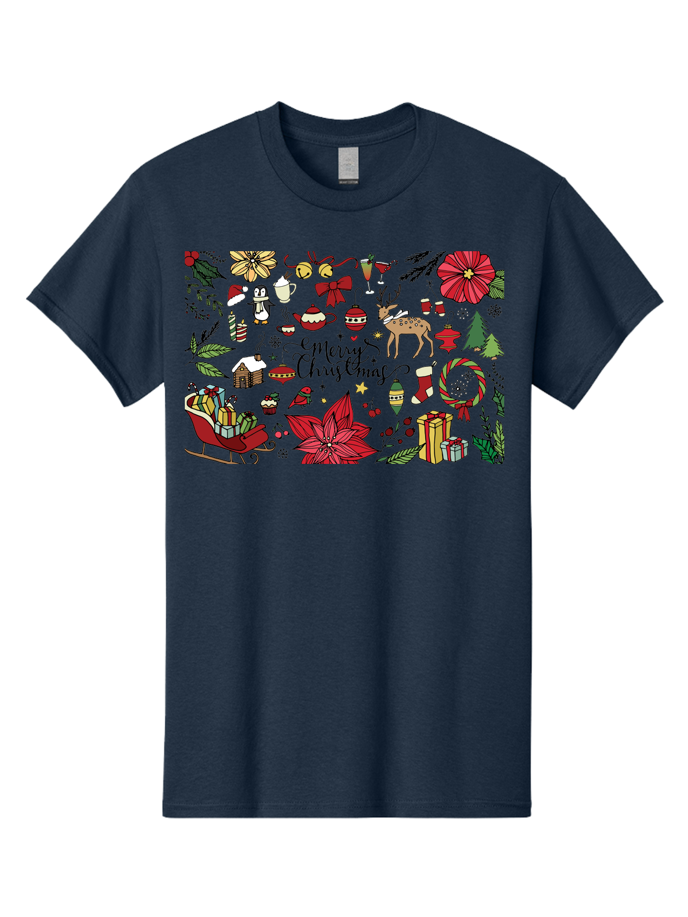 Merry-Christmas Men'S Graphic Tee, 100% Cotton, Comfortable Casual Summer Wear, Machine Washable, Merry Christmas, Holiday Elements, Festive Decorations, Red And Black Illustrations, Christmas Gifts, Sleigh, Reindeer, Poinsettia, -  Aaa990 15