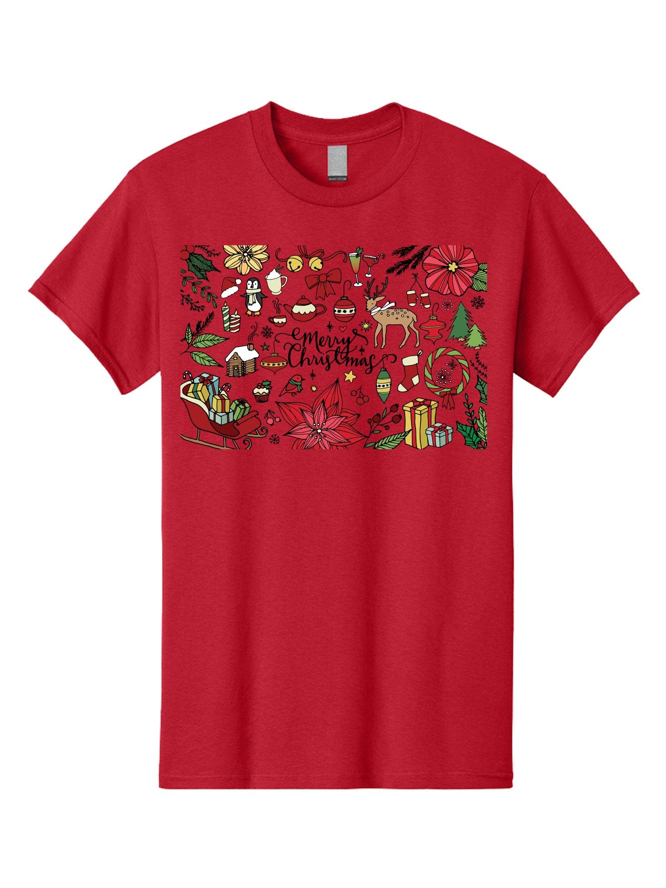 Merry-Christmas Men'S Graphic Tee, 100% Cotton, Comfortable Casual Summer Wear, Machine Washable, Merry Christmas, Holiday Elements, Festive Decorations, Red And Black Illustrations, Christmas Gifts, Sleigh, Reindeer, Poinsettia, -  Aaa990 3