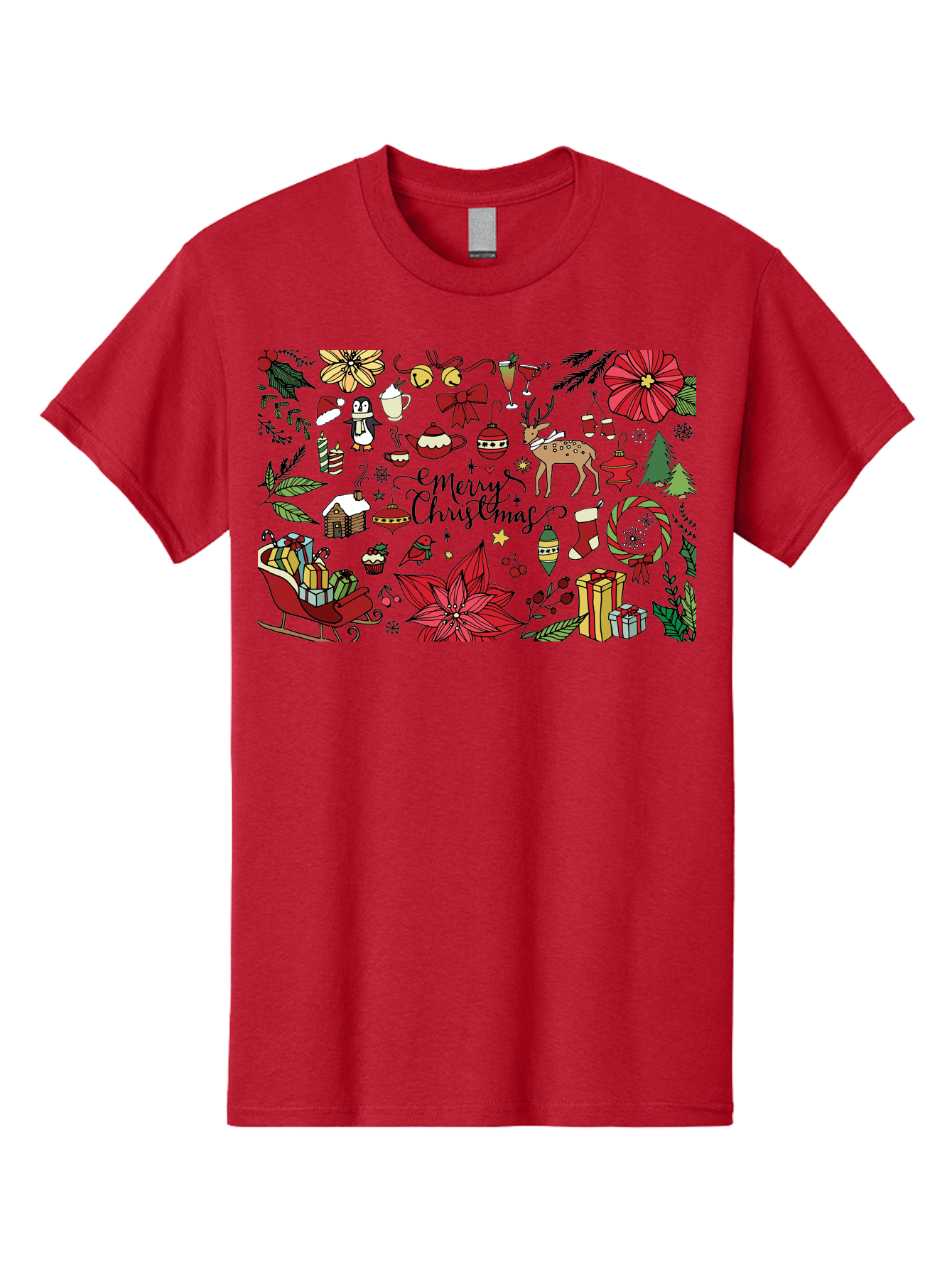 Merry-Christmas Men'S Graphic Tee, 100% Cotton, Comfortable Casual Summer Wear, Machine Washable, Merry Christmas, Holiday Elements, Festive Decorations, Red And Black Illustrations, Christmas Gifts, Sleigh, Reindeer, Poinsettia, -  Aaa990 25