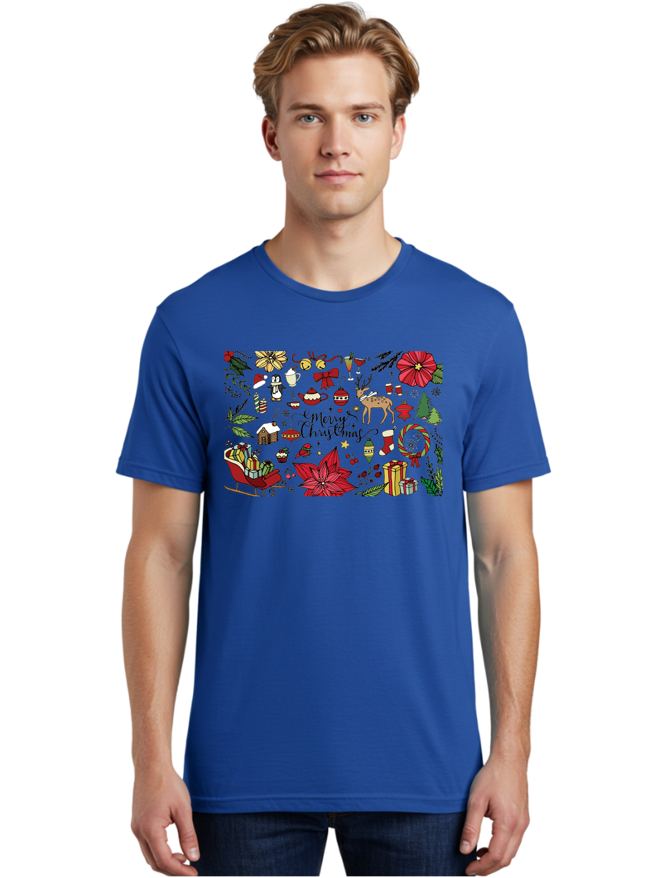 Merry-Christmas Men'S Graphic Tee, 100% Cotton, Comfortable Casual Summer Wear, Machine Washable, Merry Christmas, Holiday Elements, Festive Decorations, Red And Black Illustrations, Christmas Gifts, Sleigh, Reindeer, Poinsettia, -  Aaa990