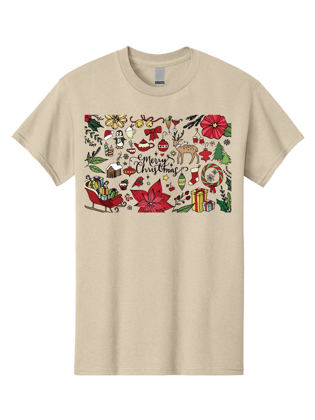 Merry-Christmas Men'S Graphic Tee, 100% Cotton, Comfortable Casual Summer Wear, Machine Washable, Merry Christmas, Holiday Elements, Festive Decorations, Red And Black Illustrations, Christmas Gifts, Sleigh, Reindeer, Poinsettia, -  Aaa990 10