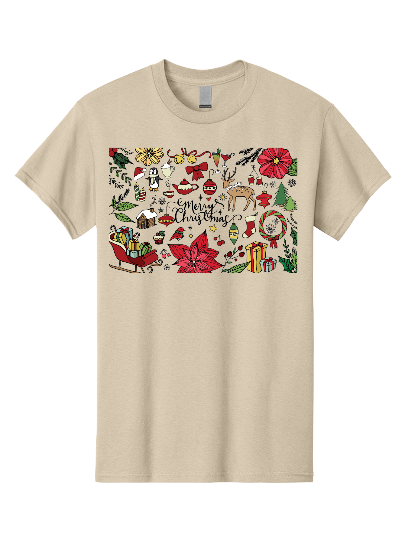 Merry-Christmas Men'S Graphic Tee, 100% Cotton, Comfortable Casual Summer Wear, Machine Washable, Merry Christmas, Holiday Elements, Festive Decorations, Red And Black Illustrations, Christmas Gifts, Sleigh, Reindeer, Poinsettia, -  Aaa990 9