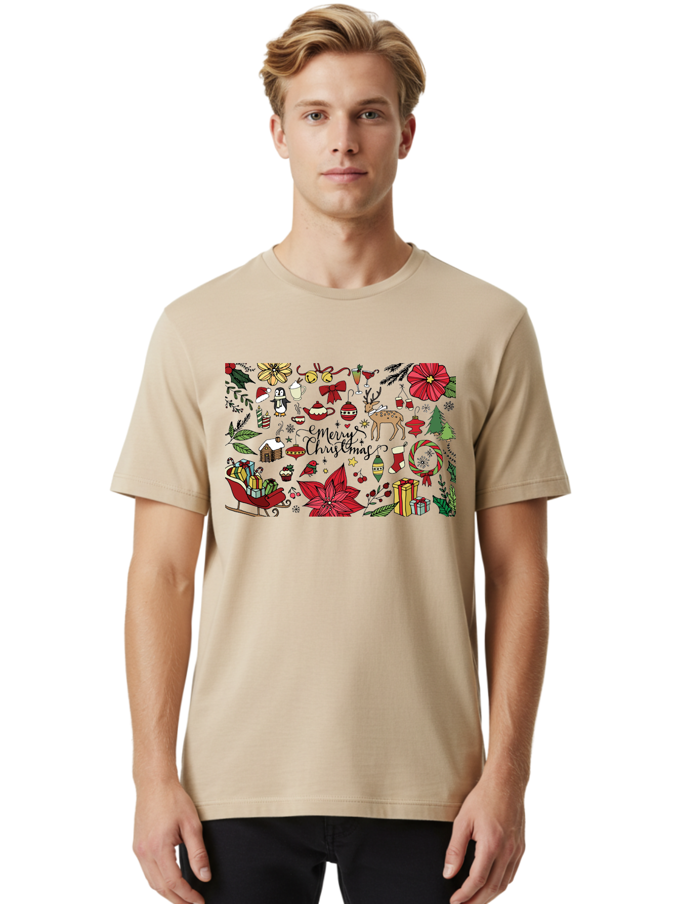 Merry-Christmas Men'S Graphic Tee, 100% Cotton, Comfortable Casual Summer Wear, Machine Washable, Merry Christmas, Holiday Elements, Festive Decorations, Red And Black Illustrations, Christmas Gifts, Sleigh, Reindeer, Poinsettia, -  Aaa990 10