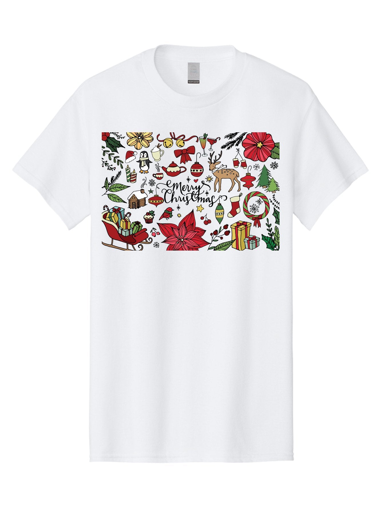 Merry-Christmas Men'S Graphic Tee, 100% Cotton, Comfortable Casual Summer Wear, Machine Washable, Merry Christmas, Holiday Elements, Festive Decorations, Red And Black Illustrations, Christmas Gifts, Sleigh, Reindeer, Poinsettia, -  Aaa990 12