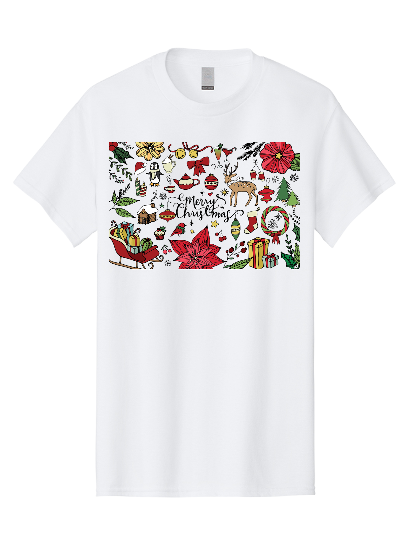 Merry-Christmas Men'S Graphic Tee, 100% Cotton, Comfortable Casual Summer Wear, Machine Washable, Merry Christmas, Holiday Elements, Festive Decorations, Red And Black Illustrations, Christmas Gifts, Sleigh, Reindeer, Poinsettia, -  Aaa990 21