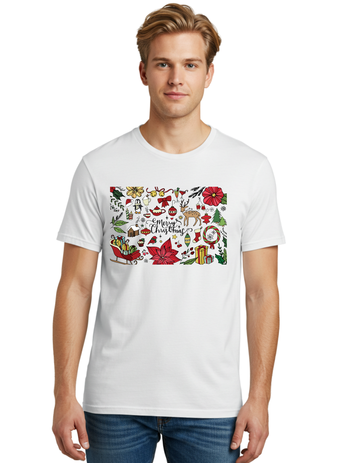 Merry-Christmas Men'S Graphic Tee, 100% Cotton, Comfortable Casual Summer Wear, Machine Washable, Merry Christmas, Holiday Elements, Festive Decorations, Red And Black Illustrations, Christmas Gifts, Sleigh, Reindeer, Poinsettia, -  Aaa990 22