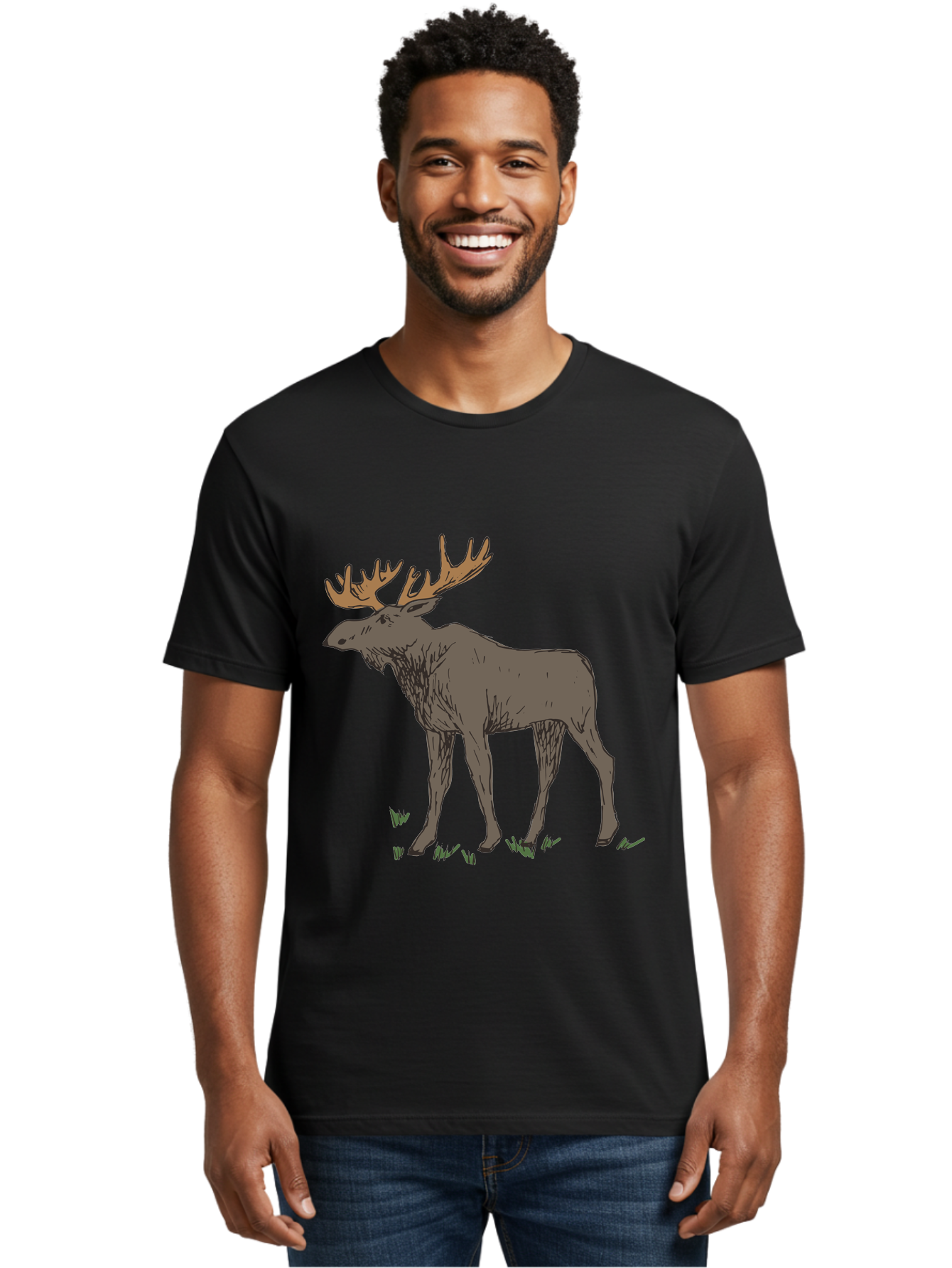 Moose-1 Men'S Graphic Tee, 100% Cotton, Comfortable Casual Summer Wear, Machine Washable, Illustration Of A Moose, Large Antlers, Wildlife, Animal Art, Cartoon Style, Wildlife Illustration, Mammal Drawing, Forest Creature, Nature Graphic -  Aaa997