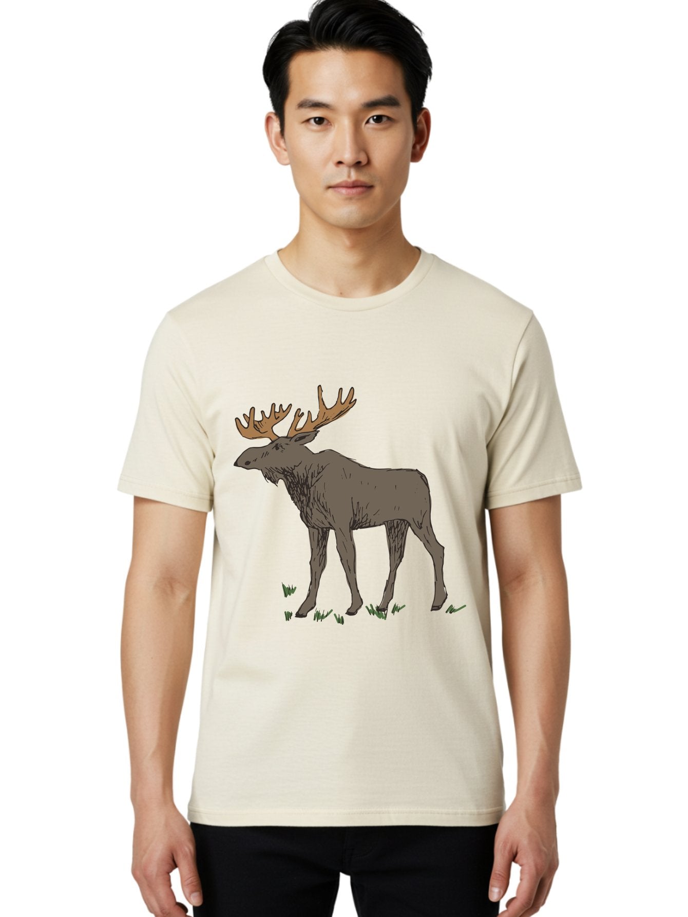 Moose-1 Men'S Graphic Tee, 100% Cotton, Comfortable Casual Summer Wear, Machine Washable, Illustration Of A Moose, Large Antlers, Wildlife, Animal Art, Cartoon Style, Wildlife Illustration, Mammal Drawing, Forest Creature, Nature Graphic -  Aaa997 30