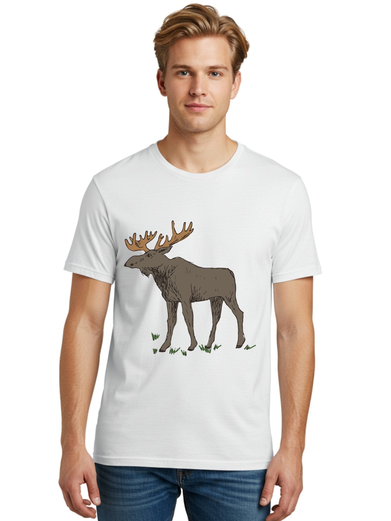 Moose-1 Men'S Graphic Tee, 100% Cotton, Comfortable Casual Summer Wear, Machine Washable, Illustration Of A Moose, Large Antlers, Wildlife, Animal Art, Cartoon Style, Wildlife Illustration, Mammal Drawing, Forest Creature, Nature Graphic -  Aaa997 27