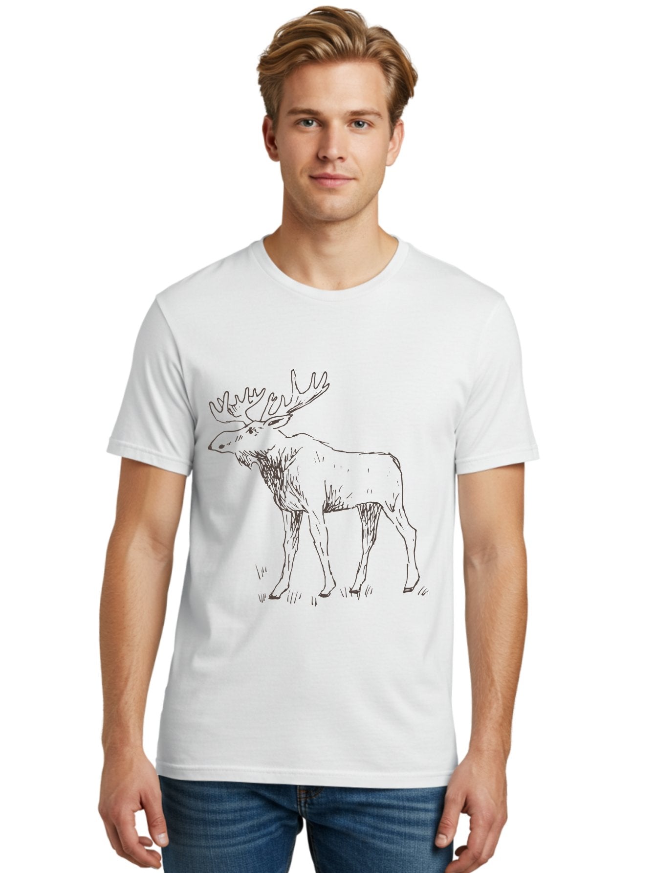 Moose Men'S Graphic Tee, 100% Cotton, Comfortable Casual Summer Wear, Machine Washable, Majestic Elk, Large Antlers, Wildlife Illustration, Grassy Terrain, Animal Portrait, Wildlife Art, Natural Habitat, Forest Dwelling -  Aaa998 24