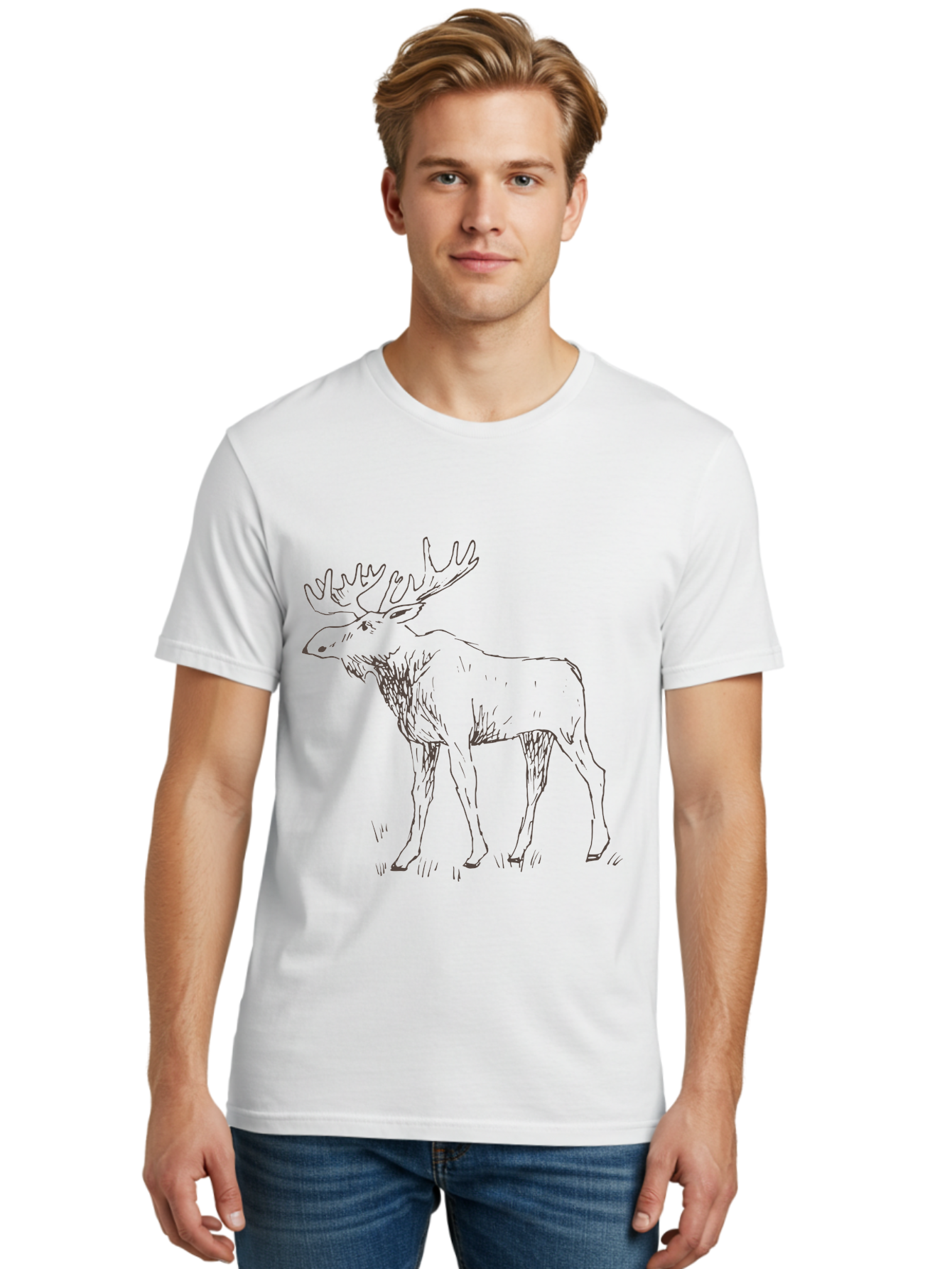 Moose Men'S Graphic Tee, 100% Cotton, Comfortable Casual Summer Wear, Machine Washable, Majestic Elk, Large Antlers, Wildlife Illustration, Grassy Terrain, Animal Portrait, Wildlife Art, Natural Habitat, Forest Dwelling -  Aaa998 30