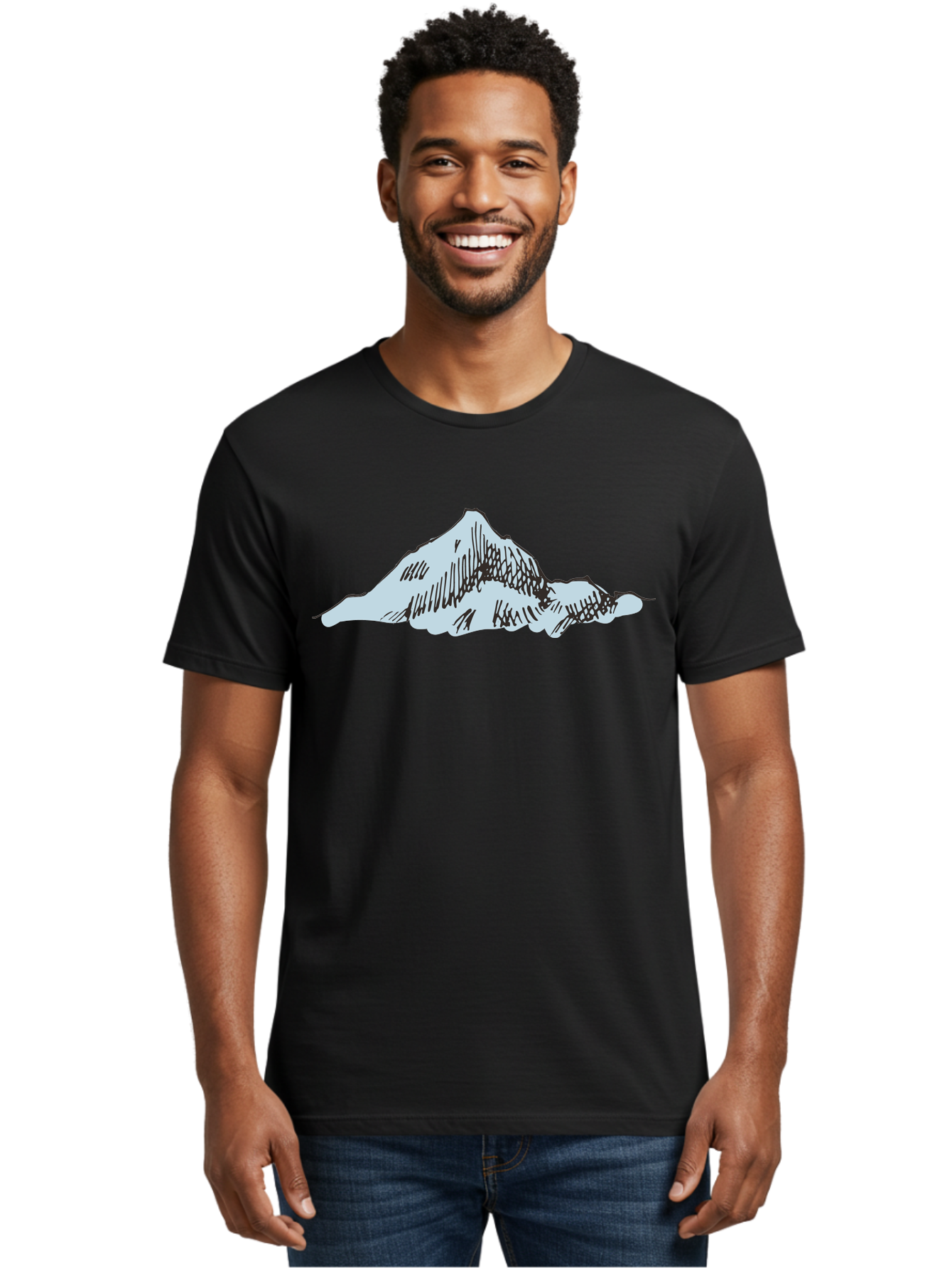 Mountain-Landscape Men'S Graphic Tee, 100% Cotton, Comfortable Casual Summer Wear, Machine Washable, Cartoon Mountain, Sketch Art, Black Lines, Simple Design, Minimalist Style, White Mountain Peak, Abstract Landscape, Illustration Aaa999