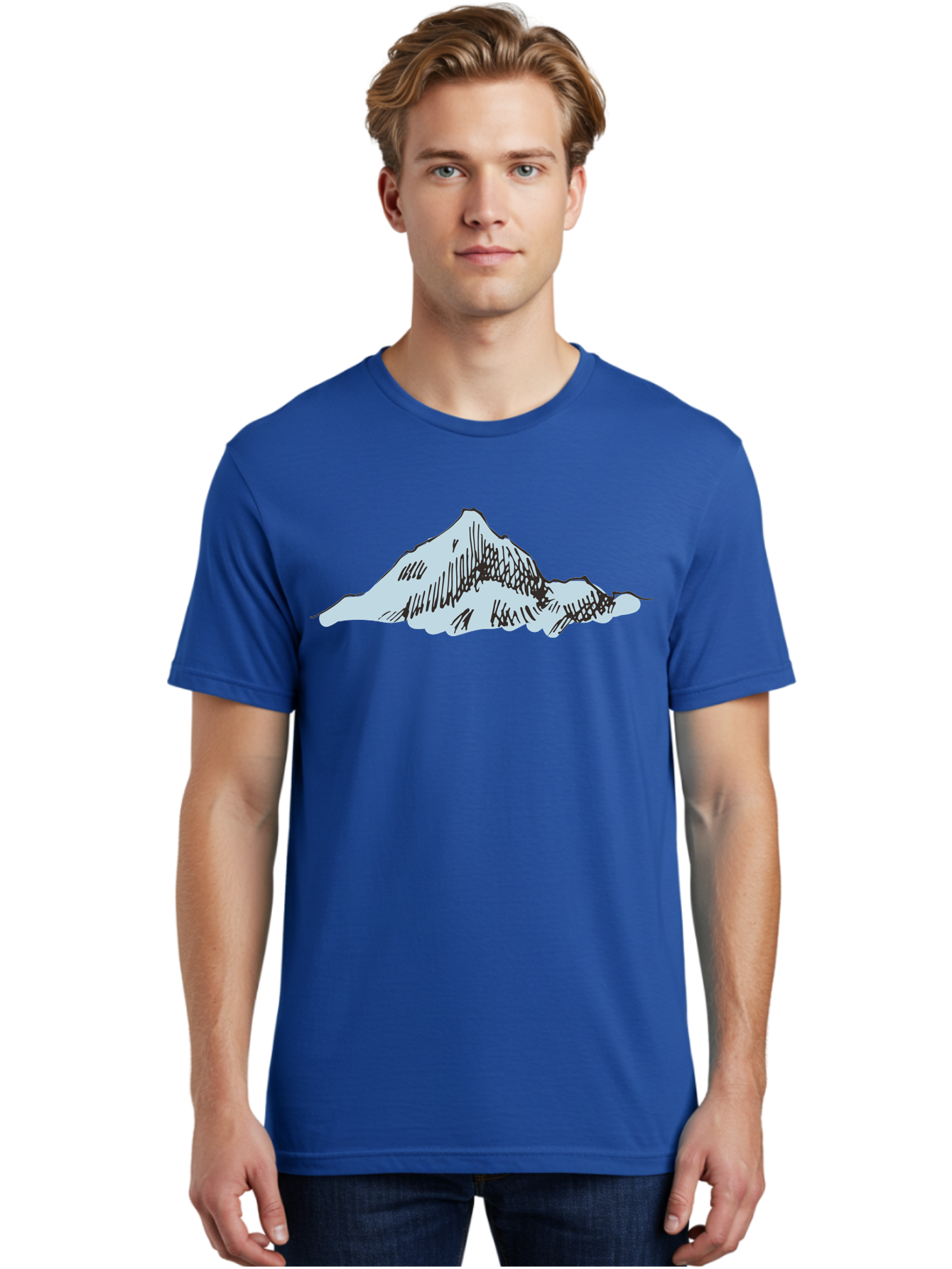 Mountain-Landscape Men'S Graphic Tee, 100% Cotton, Comfortable Casual Summer Wear, Machine Washable, Cartoon Mountain, Sketch Art, Black Lines, Simple Design, Minimalist Style, White Mountain Peak, Abstract Landscape, Illustration Aaa999