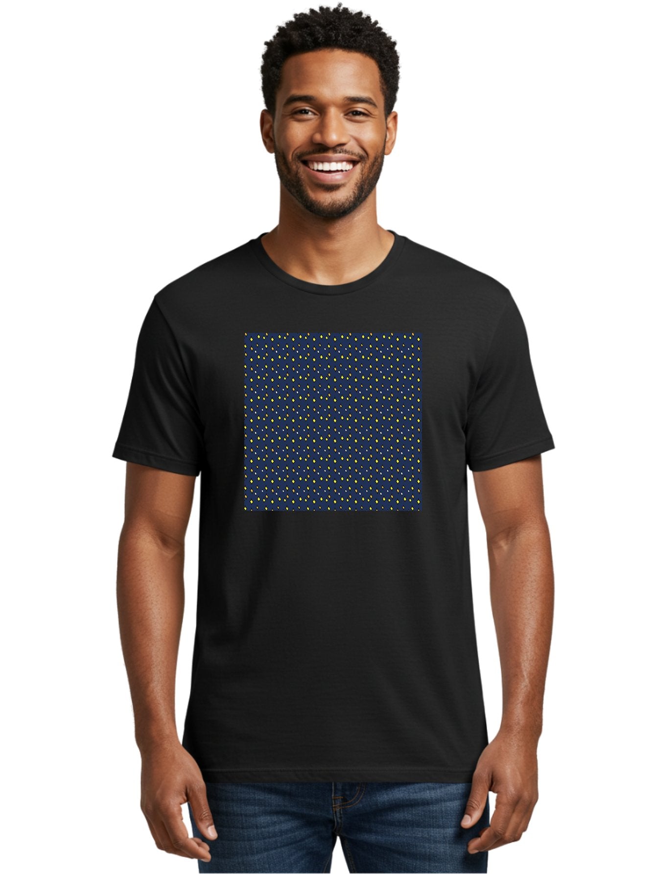 Navy-Blue-Dots Men'S Graphic Tee, 100% Cotton, Comfortable Casual Summer Wear, Machine Washable, Navy Blue Background, Yellow Diamonds, White Accents, Geometric Pattern, Abstract Design, Repeating Motif, Minimalist Style, Wallpaper Texture Aab003 22