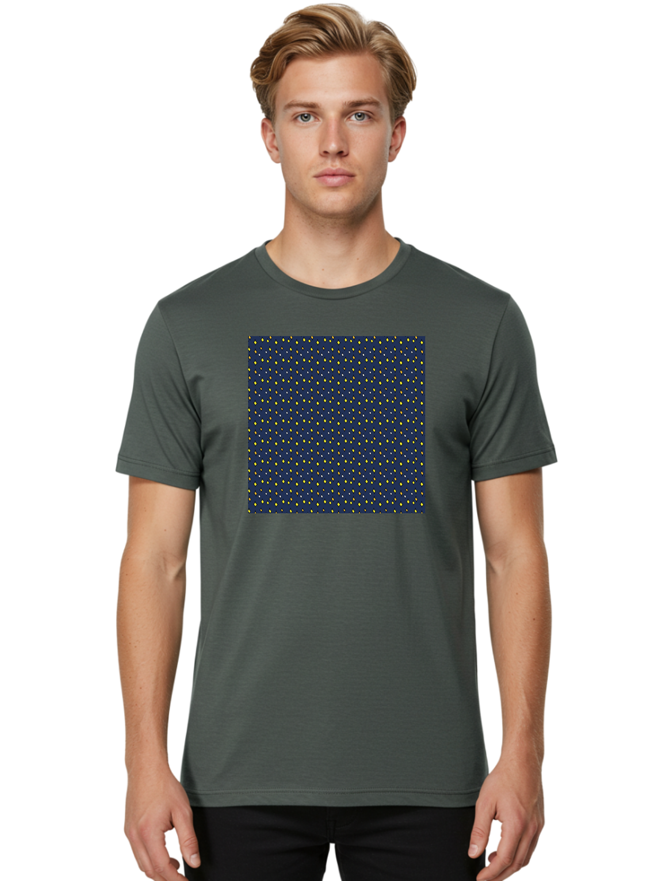 Navy-Blue-Dots Men'S Graphic Tee, 100% Cotton, Comfortable Casual Summer Wear, Machine Washable, Navy Blue Background, Yellow Diamonds, White Accents, Geometric Pattern, Abstract Design, Repeating Motif, Minimalist Style, Wallpaper Texture Aab003 4
