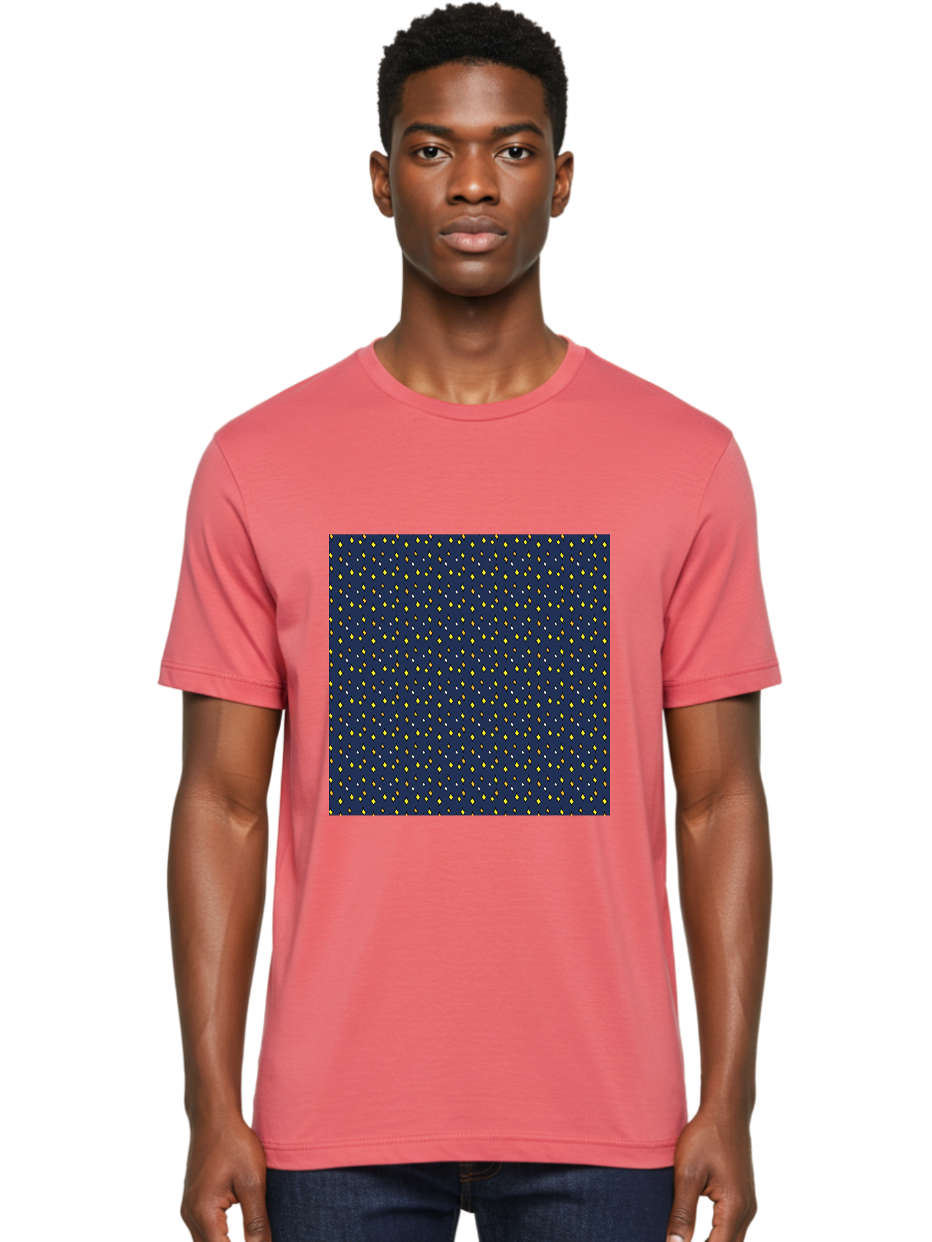 Navy-Blue-Dots Men'S Graphic Tee, 100% Cotton, Comfortable Casual Summer Wear, Machine Washable, Navy Blue Background, Yellow Diamonds, White Accents, Geometric Pattern, Abstract Design, Repeating Motif, Minimalist Style, Wallpaper Texture Aab003 6
