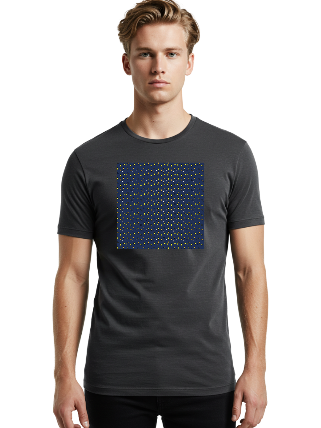 Navy-Blue-Dots Men'S Graphic Tee, 100% Cotton, Comfortable Casual Summer Wear, Machine Washable, Navy Blue Background, Yellow Diamonds, White Accents, Geometric Pattern, Abstract Design, Repeating Motif, Minimalist Style, Wallpaper Texture Aab003 8