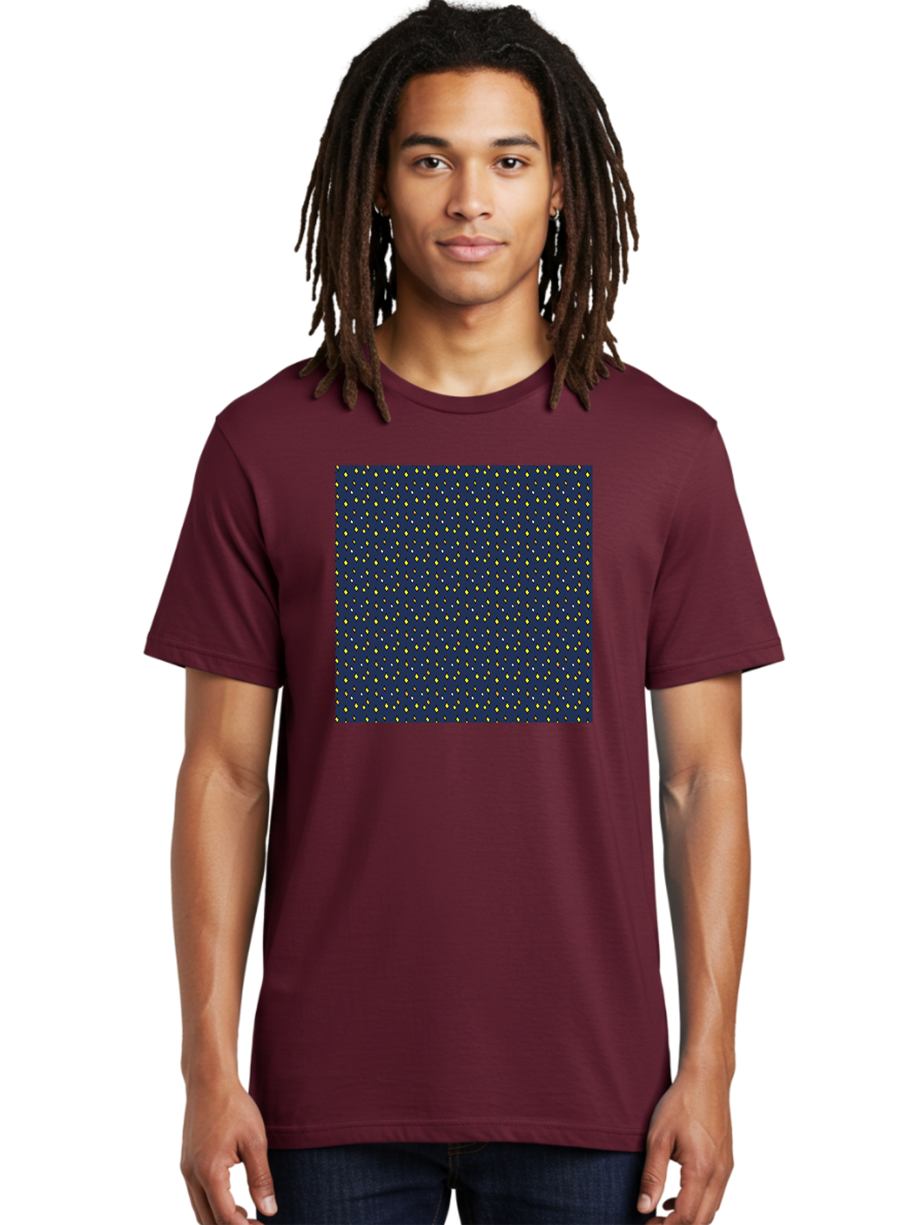 Navy-Blue-Dots Men'S Graphic Tee, 100% Cotton, Comfortable Casual Summer Wear, Machine Washable, Navy Blue Background, Yellow Diamonds, White Accents, Geometric Pattern, Abstract Design, Repeating Motif, Minimalist Style, Wallpaper Texture Aab003 14