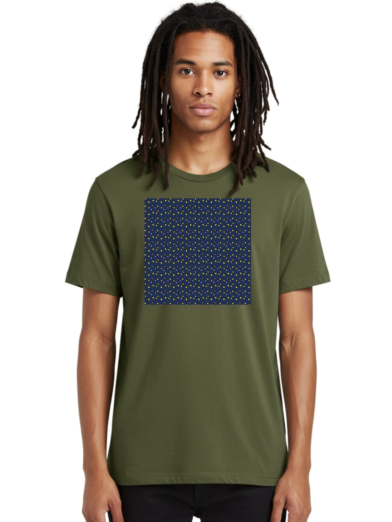 Navy-Blue-Dots Men'S Graphic Tee, 100% Cotton, Comfortable Casual Summer Wear, Machine Washable, Navy Blue Background, Yellow Diamonds, White Accents, Geometric Pattern, Abstract Design, Repeating Motif, Minimalist Style, Wallpaper Texture Aab003 18