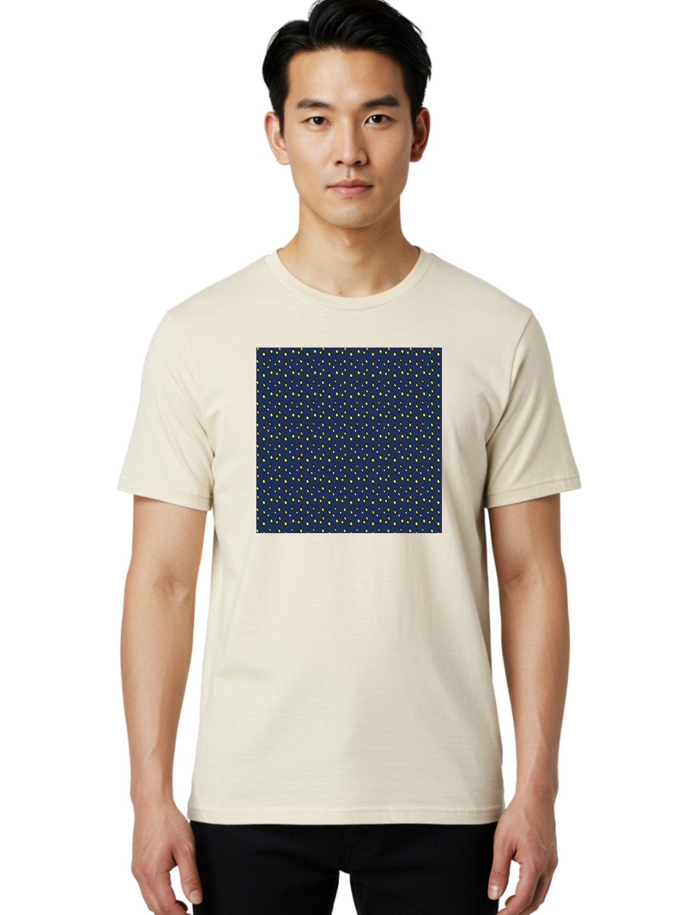 Navy-Blue-Dots Men'S Graphic Tee, 100% Cotton, Comfortable Casual Summer Wear, Machine Washable, Navy Blue Background, Yellow Diamonds, White Accents, Geometric Pattern, Abstract Design, Repeating Motif, Minimalist Style, Wallpaper Texture Aab003 20