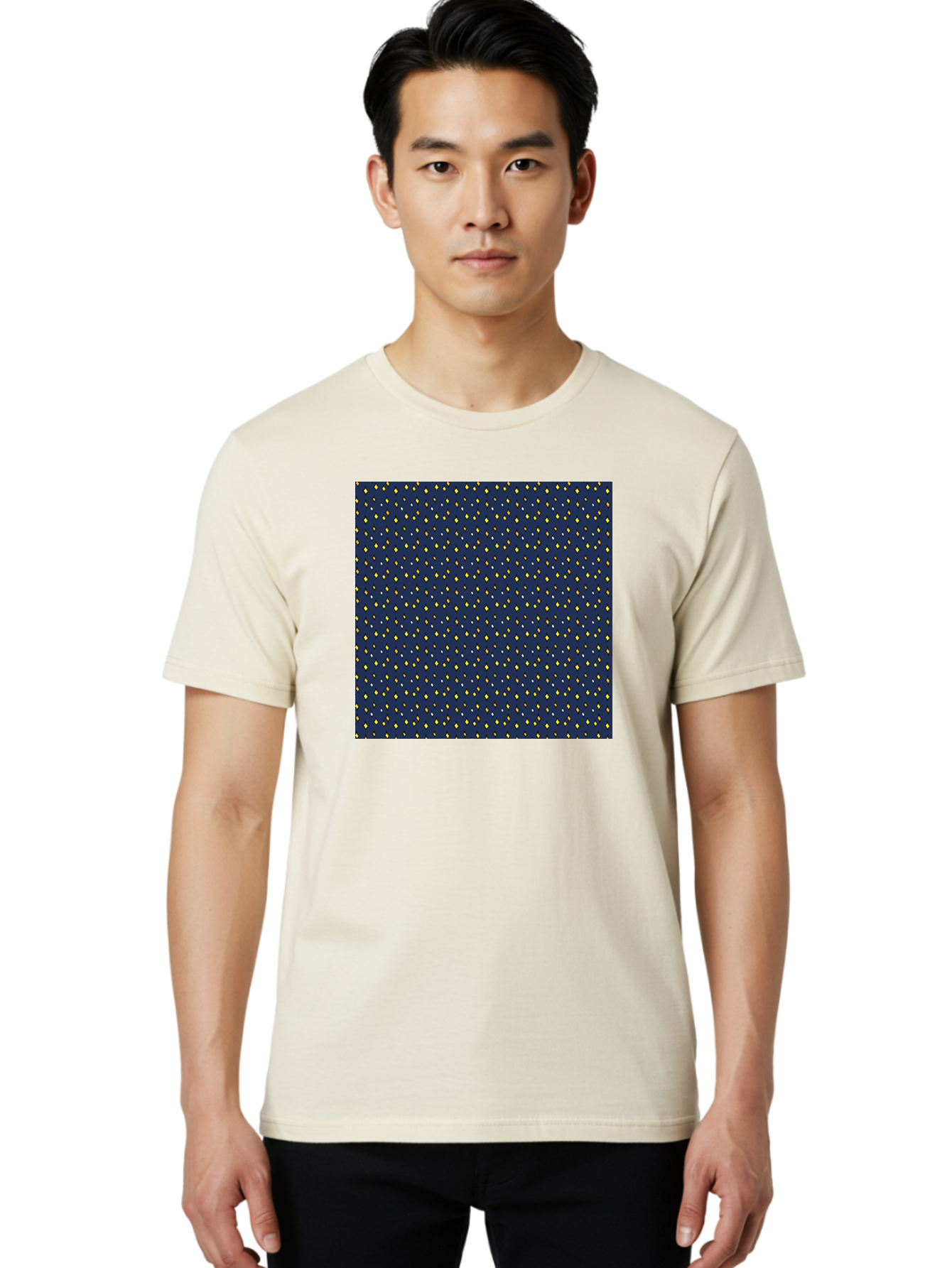 Navy-Blue-Dots Men'S Graphic Tee, 100% Cotton, Comfortable Casual Summer Wear, Machine Washable, Navy Blue Background, Yellow Diamonds, White Accents, Geometric Pattern, Abstract Design, Repeating Motif, Minimalist Style, Wallpaper Texture Aab003 18