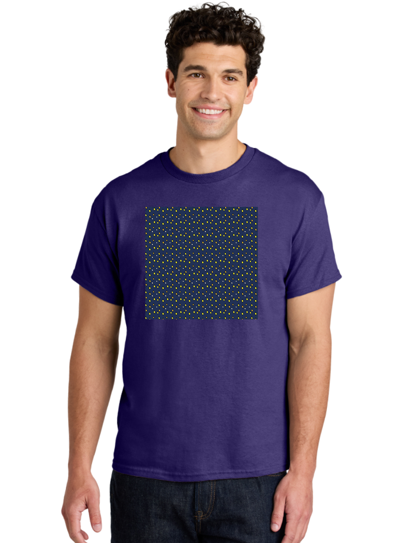 Navy-Blue-Dots Men'S Graphic Tee, 100% Cotton, Comfortable Casual Summer Wear, Machine Washable, Navy Blue Background, Yellow Diamonds, White Accents, Geometric Pattern, Abstract Design, Repeating Motif, Minimalist Style, Wallpaper Texture Aab003 22
