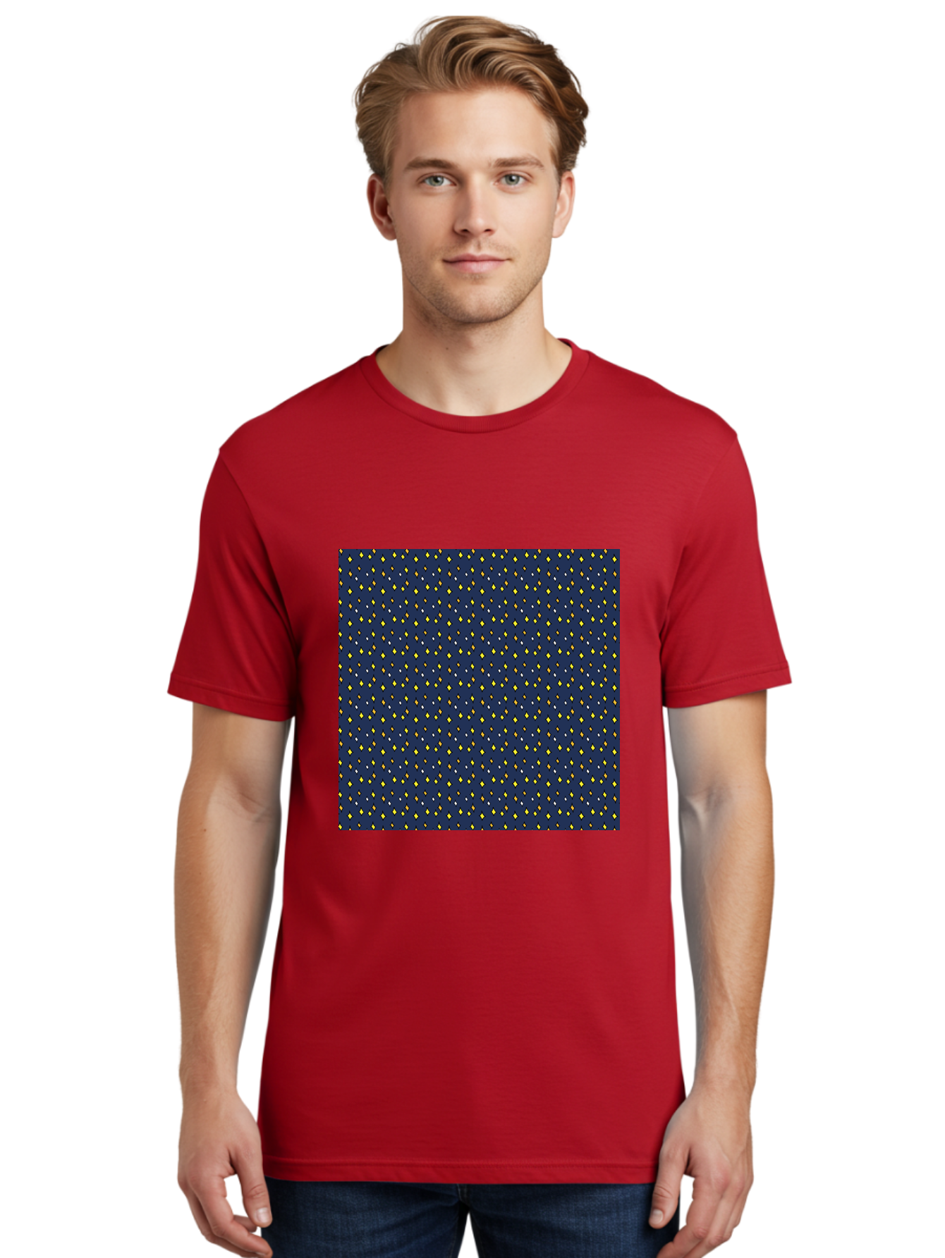 Navy-Blue-Dots Men'S Graphic Tee, 100% Cotton, Comfortable Casual Summer Wear, Machine Washable, Navy Blue Background, Yellow Diamonds, White Accents, Geometric Pattern, Abstract Design, Repeating Motif, Minimalist Style, Wallpaper Texture Aab003 24