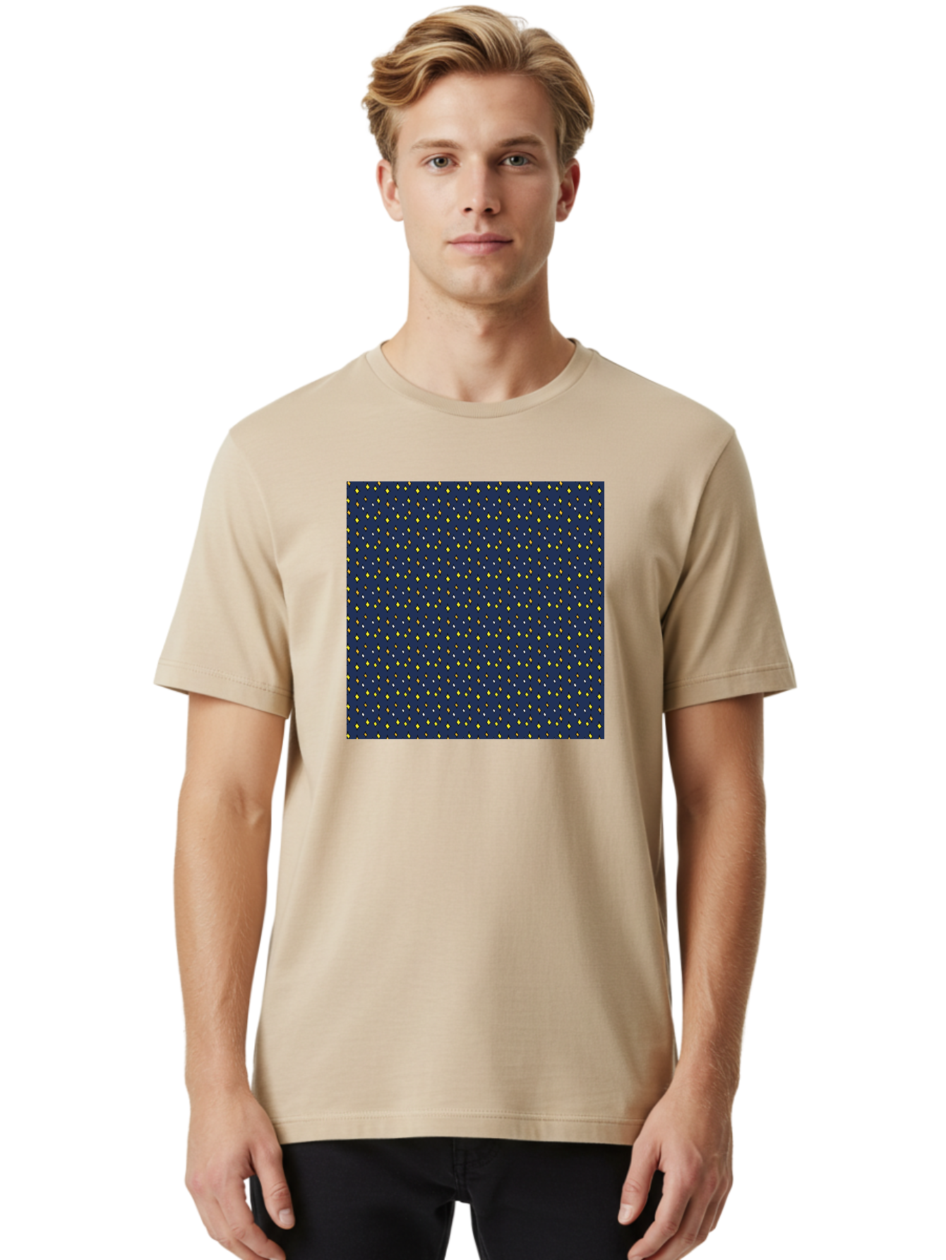 Navy-Blue-Dots Men'S Graphic Tee, 100% Cotton, Comfortable Casual Summer Wear, Machine Washable, Navy Blue Background, Yellow Diamonds, White Accents, Geometric Pattern, Abstract Design, Repeating Motif, Minimalist Style, Wallpaper Texture Aab003 28