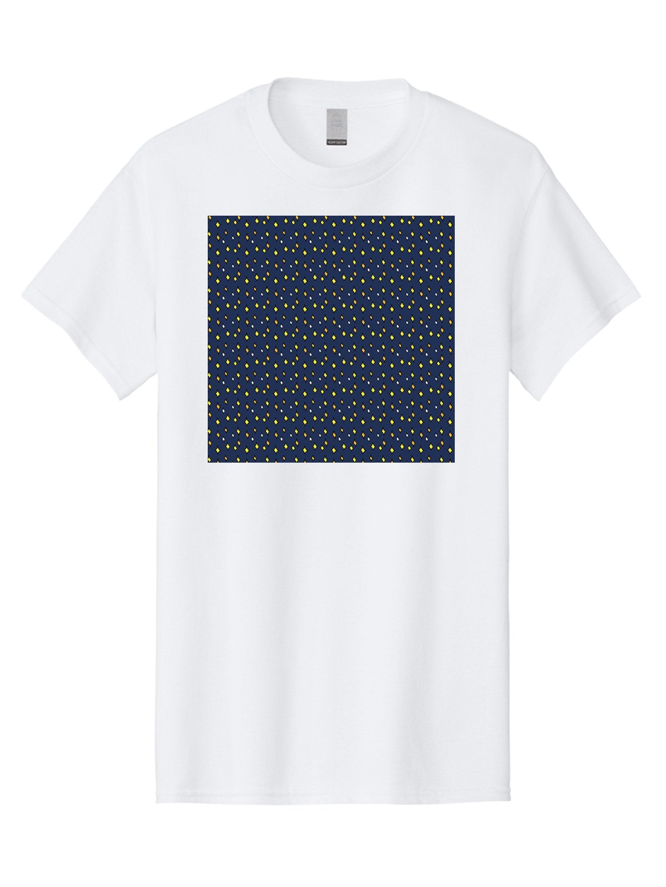 Navy-Blue-Dots Men'S Graphic Tee, 100% Cotton, Comfortable Casual Summer Wear, Machine Washable, Navy Blue Background, Yellow Diamonds, White Accents, Geometric Pattern, Abstract Design, Repeating Motif, Minimalist Style, Wallpaper Texture Aab003