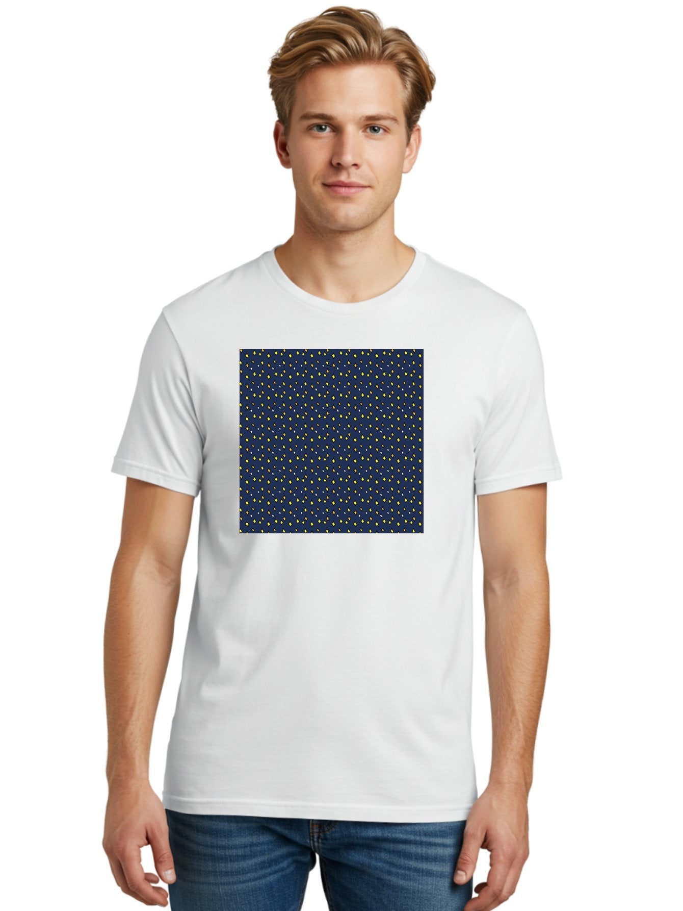 Navy-Blue-Dots Men'S Graphic Tee, 100% Cotton, Comfortable Casual Summer Wear, Machine Washable, Navy Blue Background, Yellow Diamonds, White Accents, Geometric Pattern, Abstract Design, Repeating Motif, Minimalist Style, Wallpaper Texture Aab003 19
