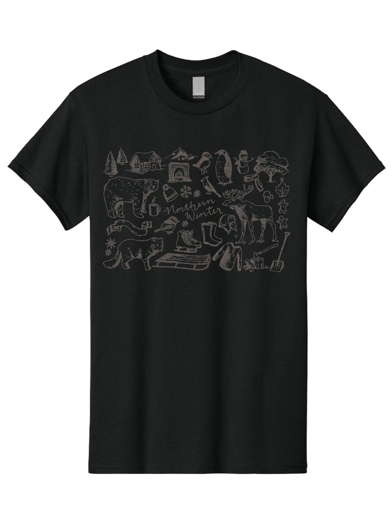 Northern-Winter Men'S Graphic Tee, 100% Cotton, Comfortable Casual Summer Wear, Machine Washable, Winter Scene, Northern Wildlife, Polar Bears, Penguins, Deer, Snowflakes, Cozy Cabin, Fireplace, Warm Clothing, Winter Boots, Snowy Trees, Aab014
