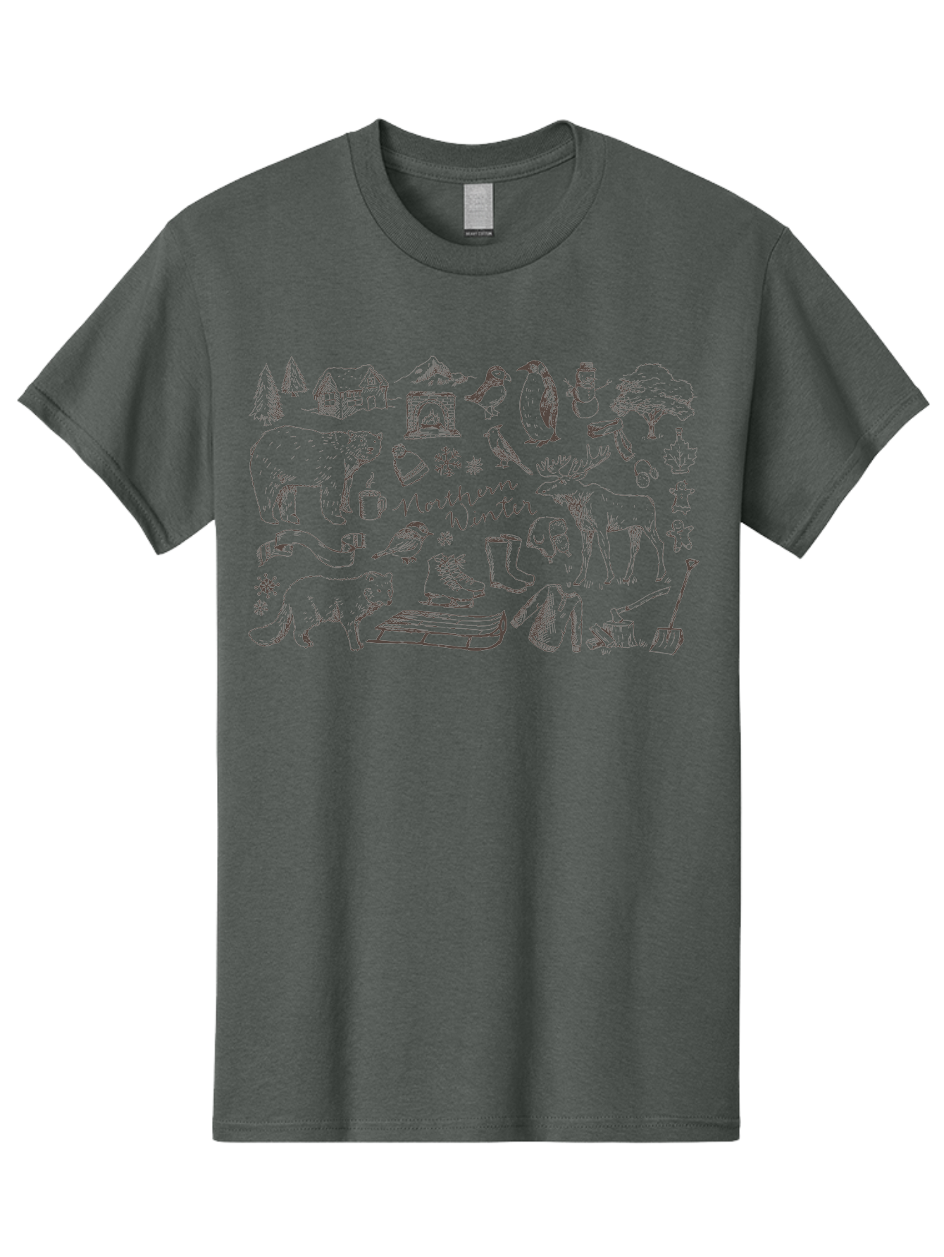 Northern-Winter Men'S Graphic Tee, 100% Cotton, Comfortable Casual Summer Wear, Machine Washable, Winter Scene, Northern Wildlife, Polar Bears, Penguins, Deer, Snowflakes, Cozy Cabin, Fireplace, Warm Clothing, Winter Boots, Snowy Trees, Aab014 3