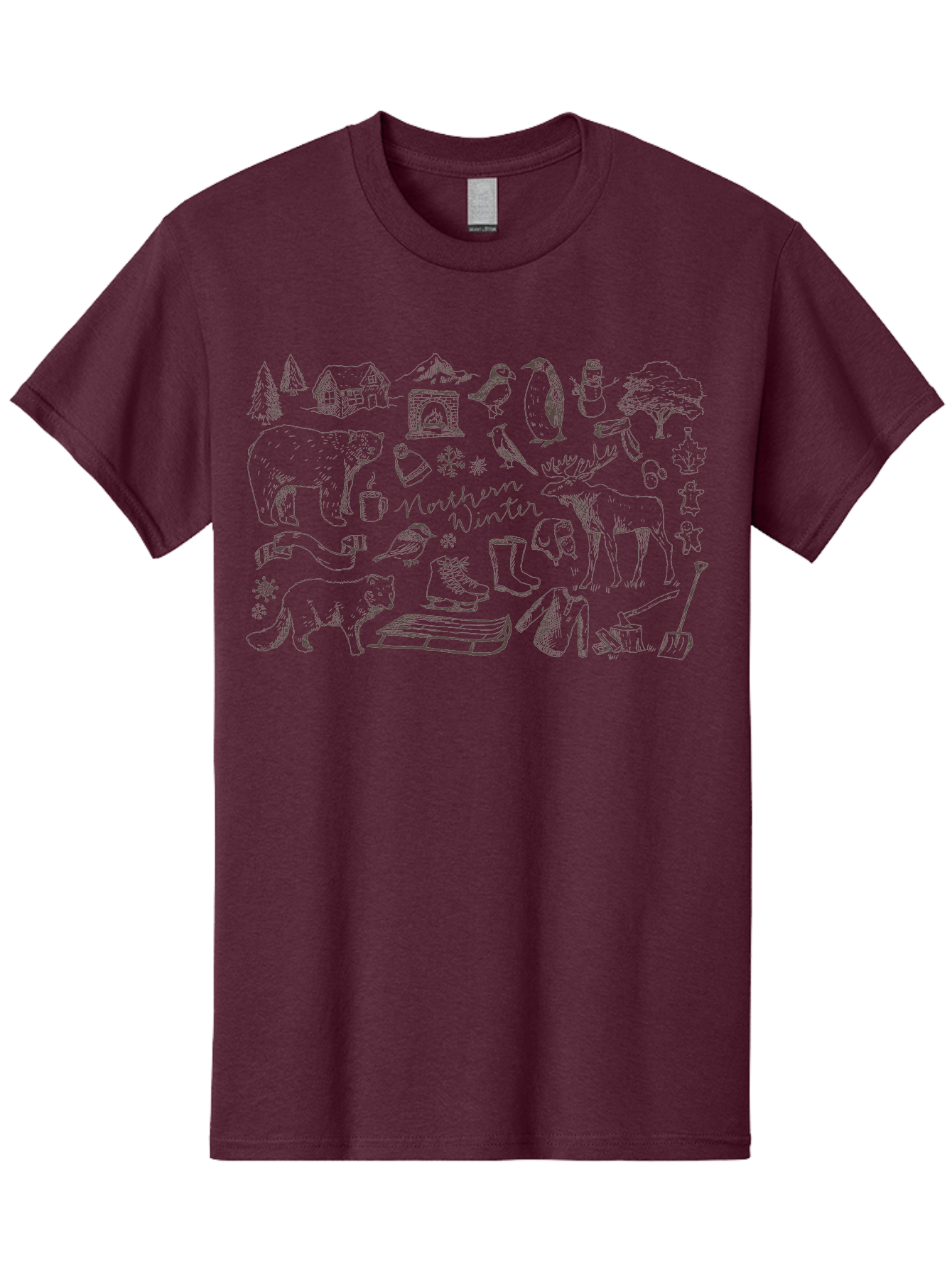 Northern-Winter Men'S Graphic Tee, 100% Cotton, Comfortable Casual Summer Wear, Machine Washable, Winter Scene, Northern Wildlife, Polar Bears, Penguins, Deer, Snowflakes, Cozy Cabin, Fireplace, Warm Clothing, Winter Boots, Snowy Trees, Aab014 13