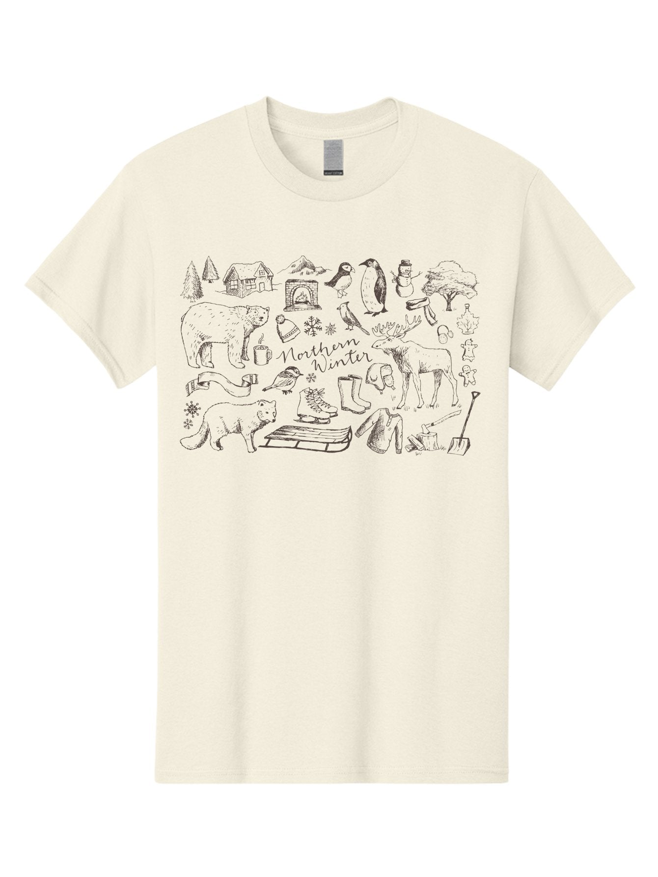 Northern-Winter Men'S Graphic Tee, 100% Cotton, Comfortable Casual Summer Wear, Machine Washable, Winter Scene, Northern Wildlife, Polar Bears, Penguins, Deer, Snowflakes, Cozy Cabin, Fireplace, Warm Clothing, Winter Boots, Snowy Trees, Aab014 11