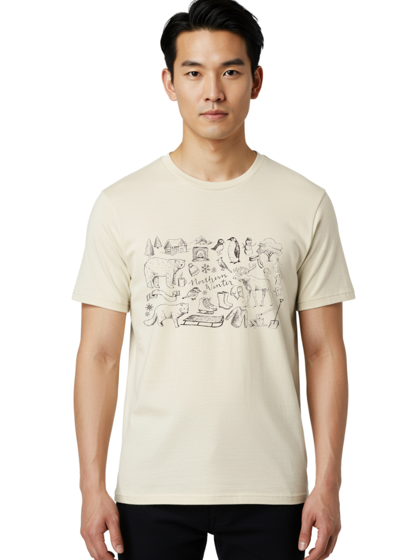 Northern-Winter Men'S Graphic Tee, 100% Cotton, Comfortable Casual Summer Wear, Machine Washable, Winter Scene, Northern Wildlife, Polar Bears, Penguins, Deer, Snowflakes, Cozy Cabin, Fireplace, Warm Clothing, Winter Boots, Snowy Trees, Aab014 18