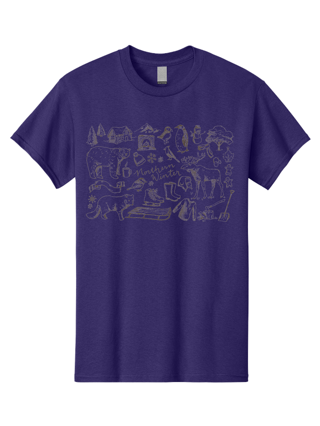Northern-Winter Men'S Graphic Tee, 100% Cotton, Comfortable Casual Summer Wear, Machine Washable, Winter Scene, Northern Wildlife, Polar Bears, Penguins, Deer, Snowflakes, Cozy Cabin, Fireplace, Warm Clothing, Winter Boots, Snowy Trees, Aab014 21