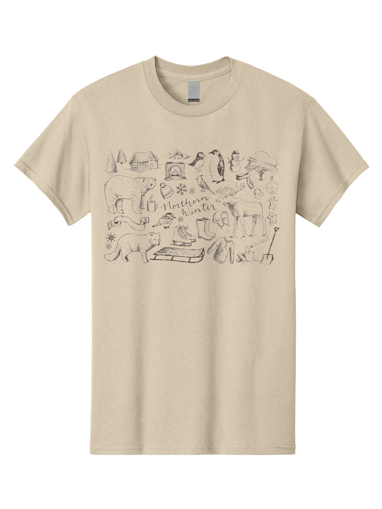 Northern-Winter Men'S Graphic Tee, 100% Cotton, Comfortable Casual Summer Wear, Machine Washable, Winter Scene, Northern Wildlife, Polar Bears, Penguins, Deer, Snowflakes, Cozy Cabin, Fireplace, Warm Clothing, Winter Boots, Snowy Trees, Aab014 27