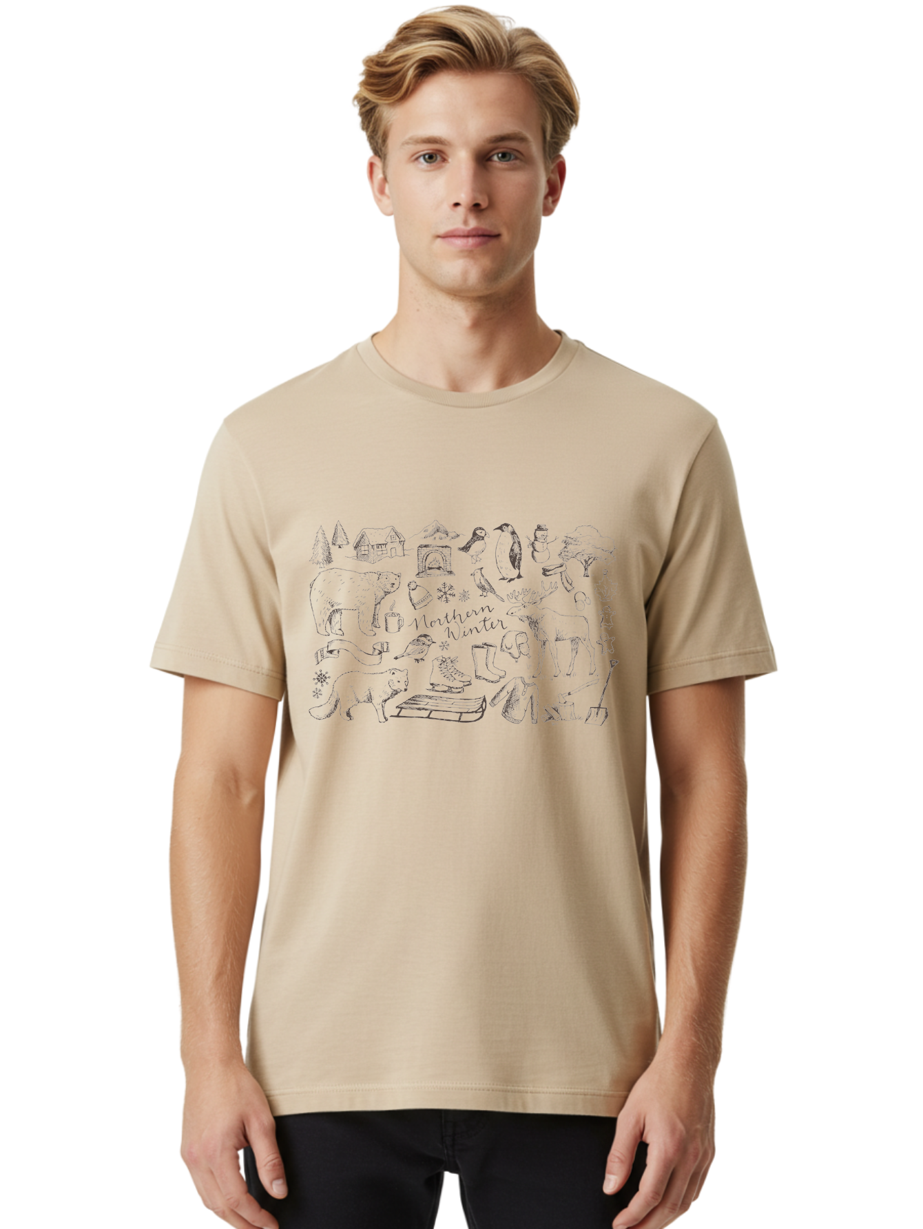 Northern-Winter Men'S Graphic Tee, 100% Cotton, Comfortable Casual Summer Wear, Machine Washable, Winter Scene, Northern Wildlife, Polar Bears, Penguins, Deer, Snowflakes, Cozy Cabin, Fireplace, Warm Clothing, Winter Boots, Snowy Trees, Aab014 28