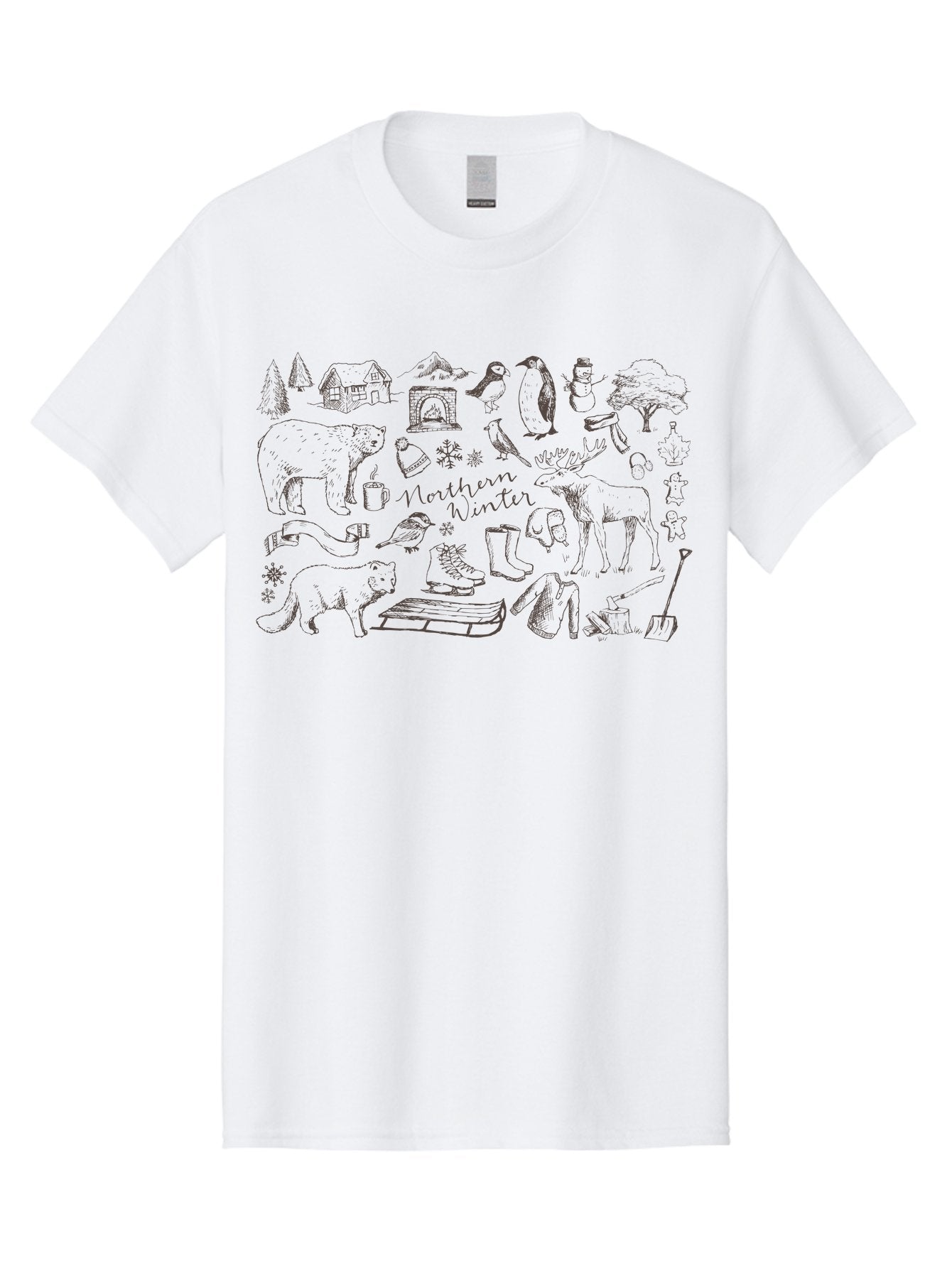 Northern-Winter Men'S Graphic Tee, 100% Cotton, Comfortable Casual Summer Wear, Machine Washable, Winter Scene, Northern Wildlife, Polar Bears, Penguins, Deer, Snowflakes, Cozy Cabin, Fireplace, Warm Clothing, Winter Boots, Snowy Trees, Aab014 15