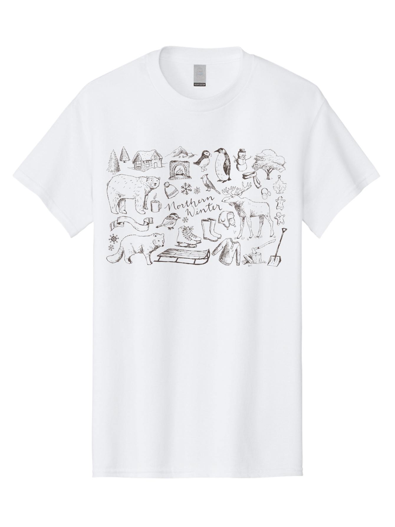 Northern-Winter Men'S Graphic Tee, 100% Cotton, Comfortable Casual Summer Wear, Machine Washable, Winter Scene, Northern Wildlife, Polar Bears, Penguins, Deer, Snowflakes, Cozy Cabin, Fireplace, Warm Clothing, Winter Boots, Snowy Trees, Aab014 29
