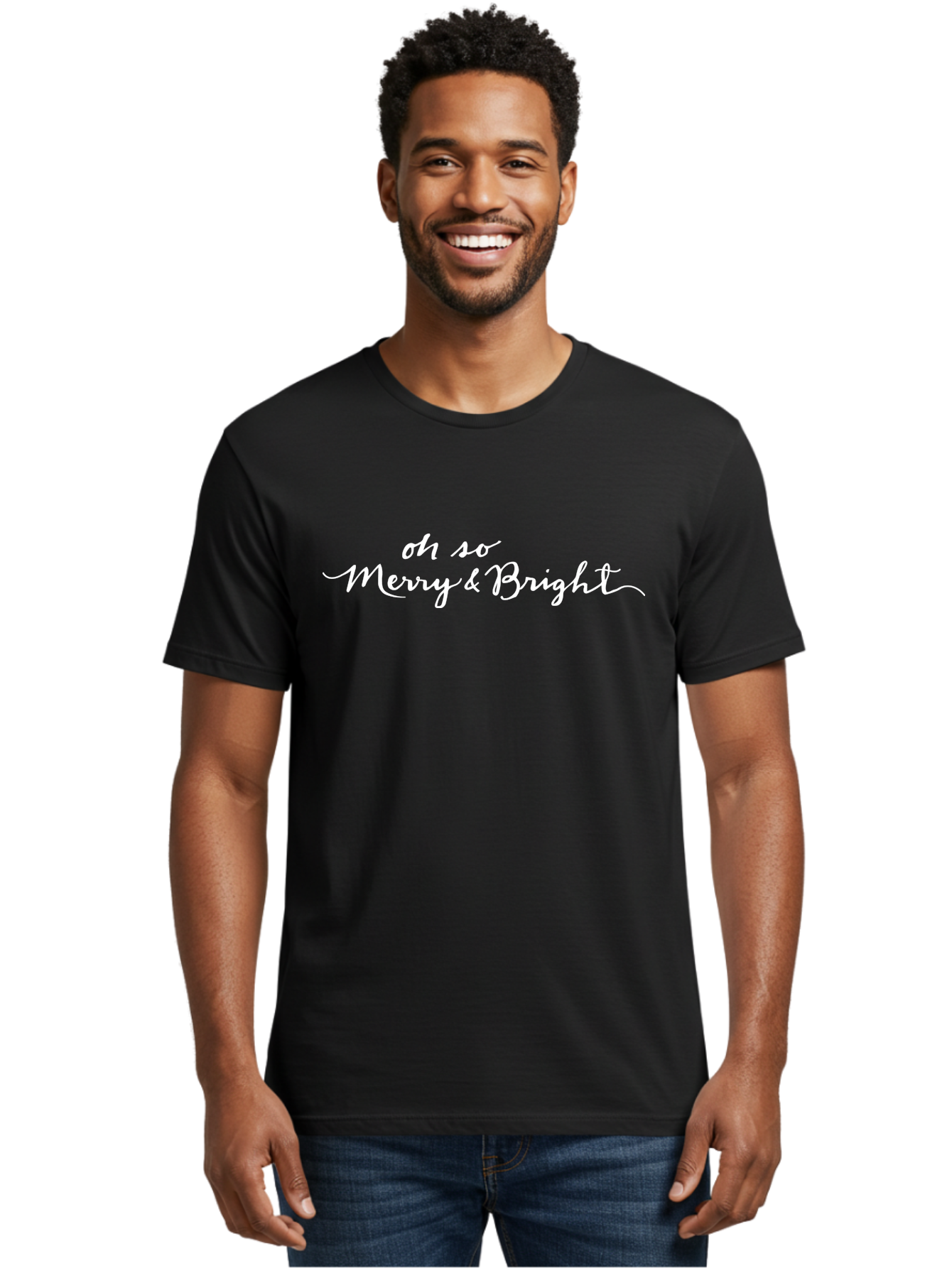 Oh-So-Merry-Bright Men'S Graphic Tee, 100% Cotton, Comfortable Casual Summer Wear, Machine Washable, Christmas Greeting, Holiday Card, Festive Wishes, Merry Christmas, Joyful Holiday, Season'S Greetings, White Cursive Text Aab017