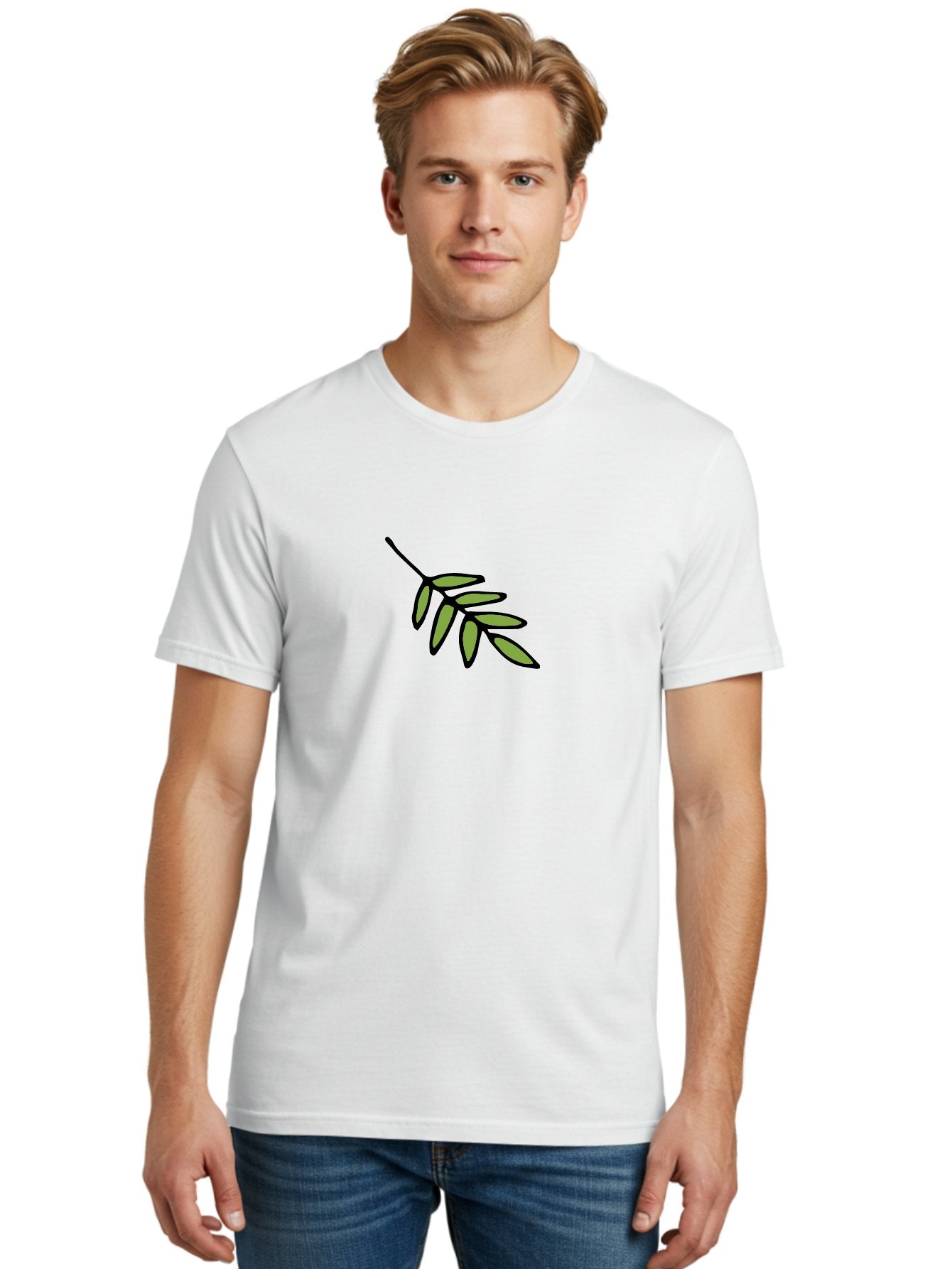 Olive-Branch-1 Men'S Graphic Tee, 100% Cotton, Comfortable Casual Summer Wear, Machine Washable, Olive Branch, Symbol Of Peace, Simple Illustration, Minimalist Design, Black Outline, Leafy Greens, Symbolic Imagery, Peace Sign Aab020 16