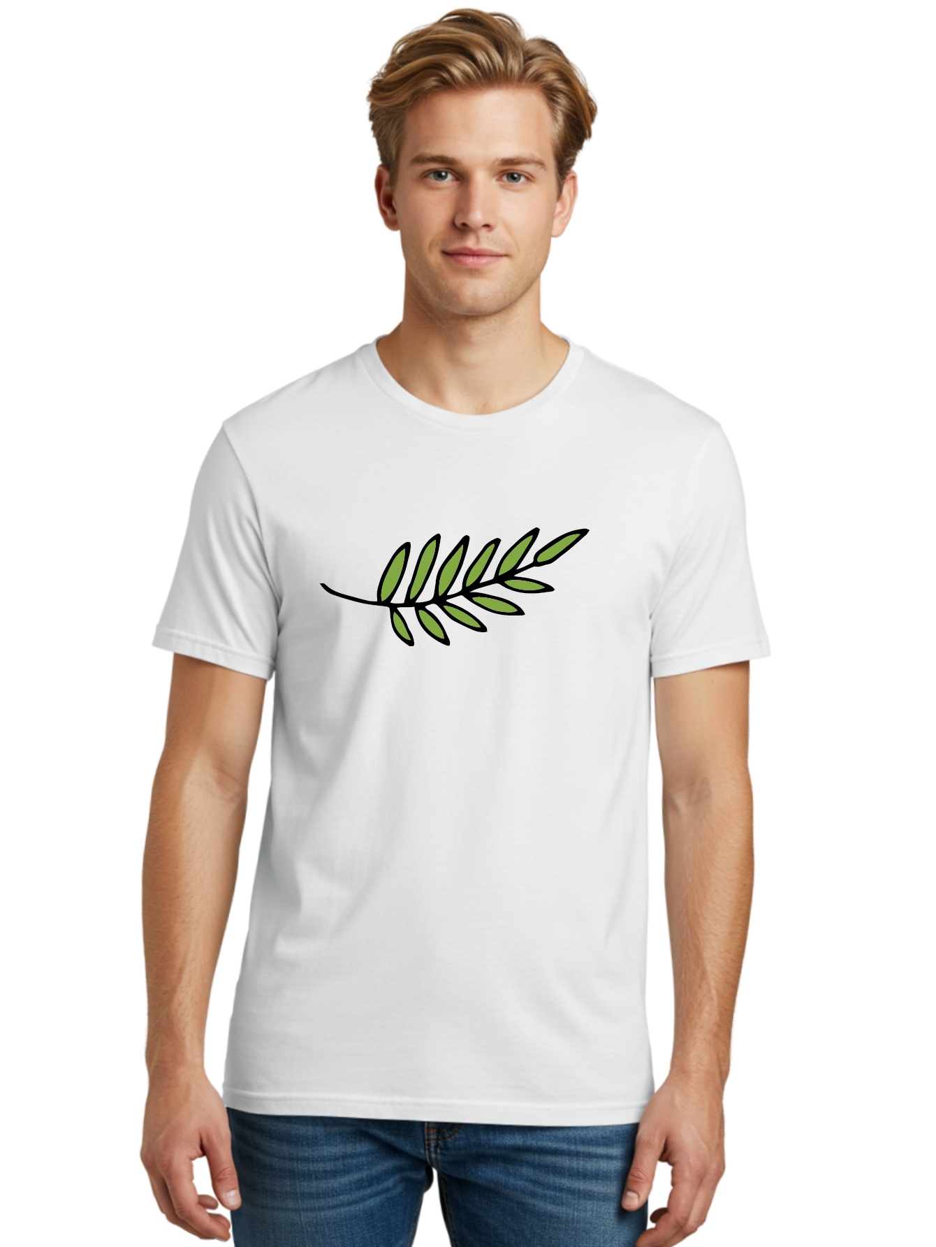 Olive-Branch Men'S Graphic Tee, 100% Cotton, Comfortable Casual Summer Wear, Machine Washable, Olive Branch, Symbolic Peace, Harmonious Design, Simple Illustration, Green Leaves, Black Outline, Minimalistic Art, Elegant Simplicity, Aab021 30