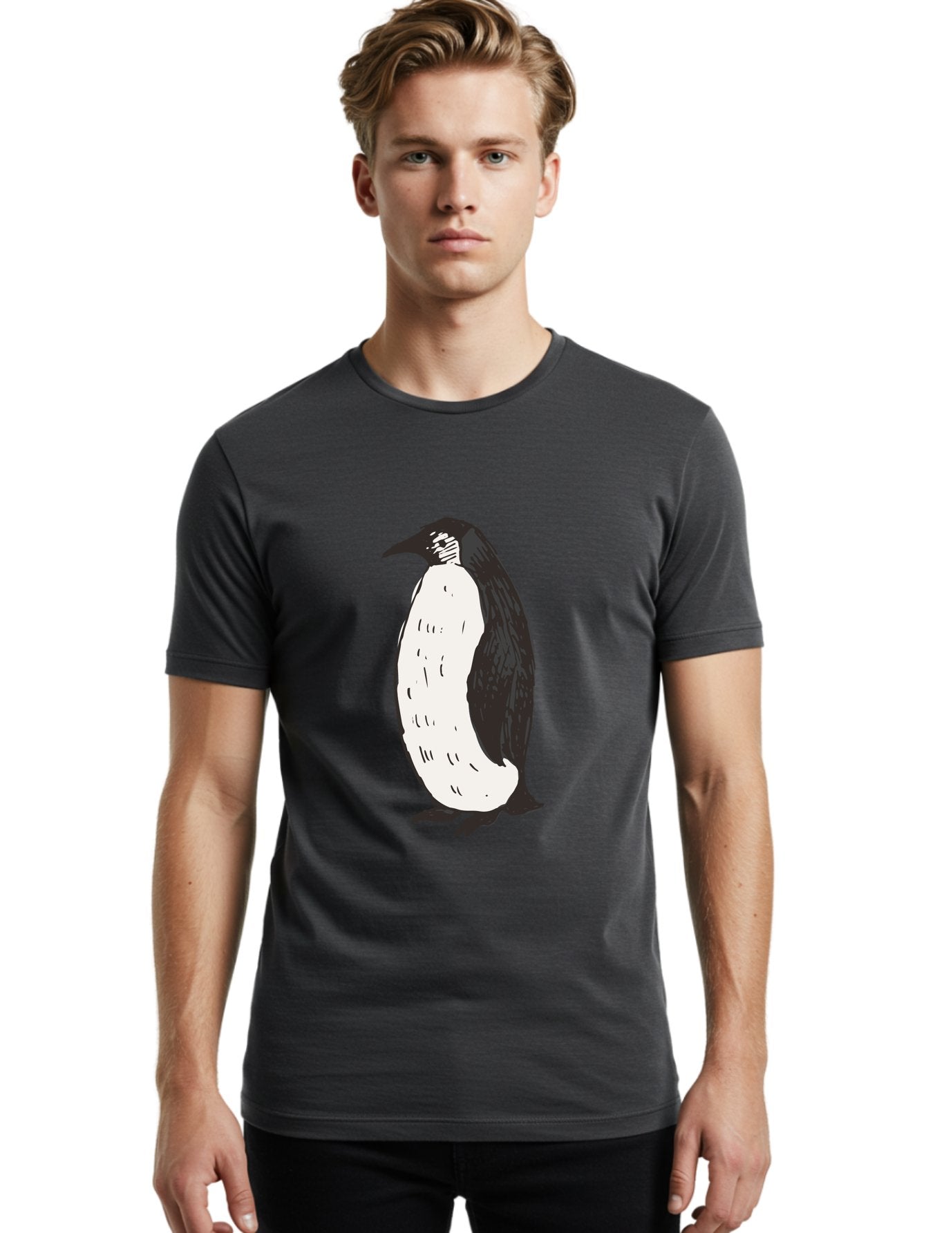 Penguin-1 Men'S Graphic Tee, 100% Cotton, Comfortable Casual Summer Wear, Machine Washable, Penguin Illustration, Black And White Penguin, Cartoon Penguin, Simple Drawing, Cute Bird, Wildlife Art, Tuxedo Bird, Flightless Bird, Antarctic Animal Aab031 19